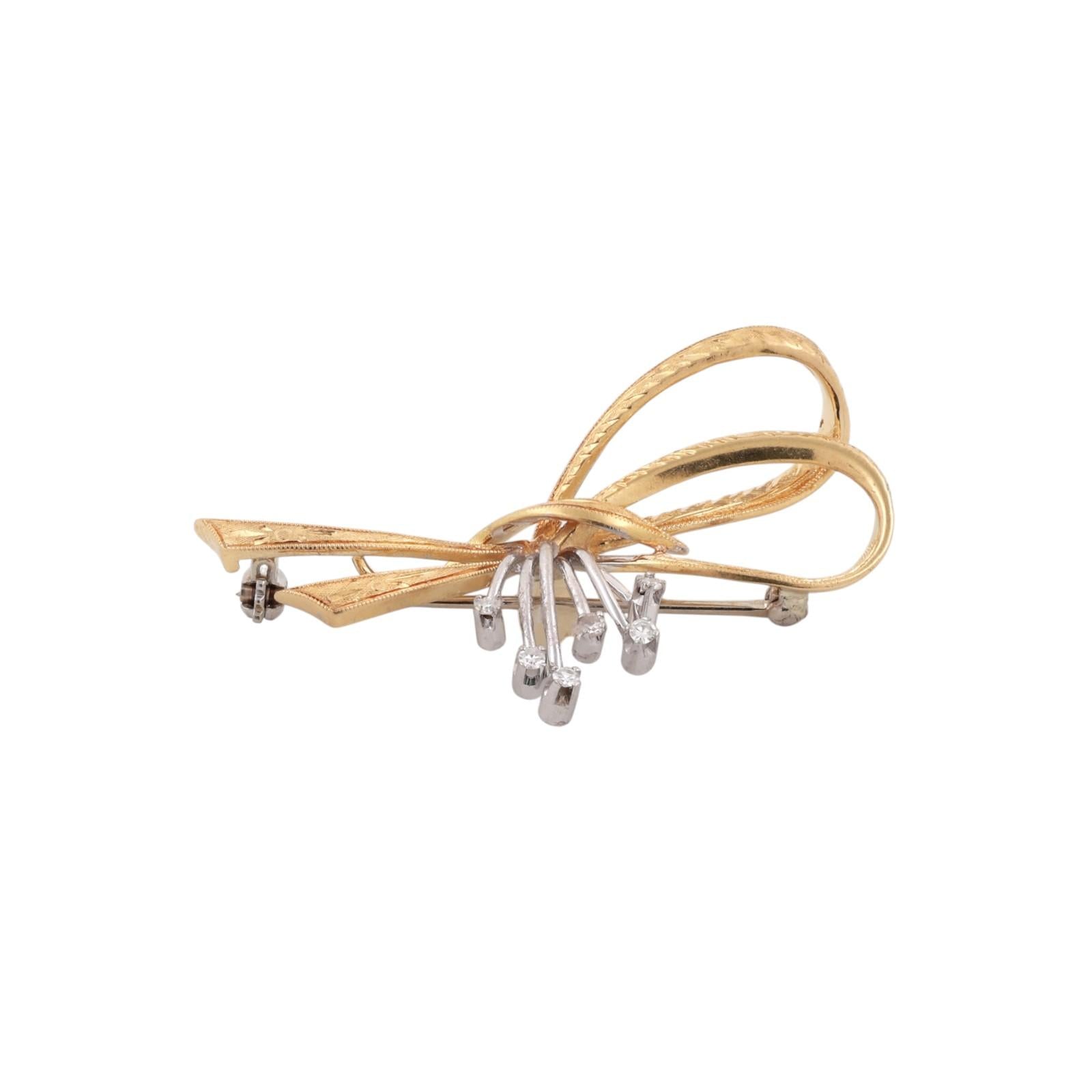 18K Yellow Gold Diamond Bow Brooch Pendant Italian Filigree Ribbon Pin 0.10CTW
