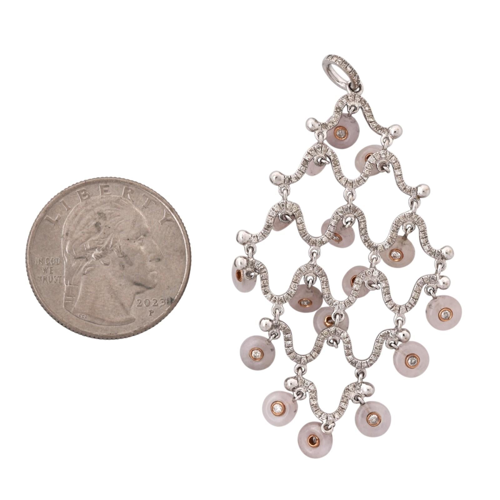 18K Two Tone Gold 0.82TW Diamond Rose Quartz Chandelier Pendant Statement Estate