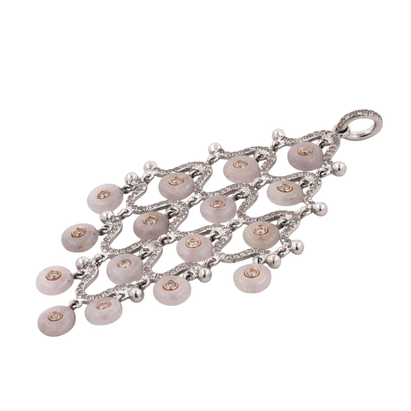 18K Two Tone Gold 0.82TW Diamond Rose Quartz Chandelier Pendant Statement Estate
