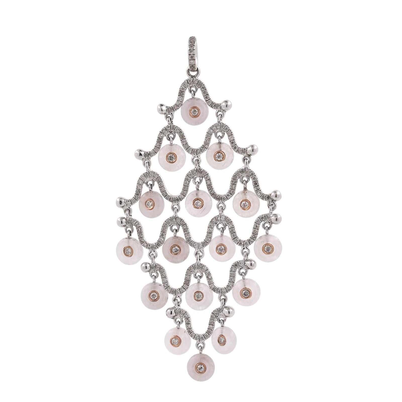 18K Two Tone Gold 0.82TW Diamond Rose Quartz Chandelier Pendant Statement Estate