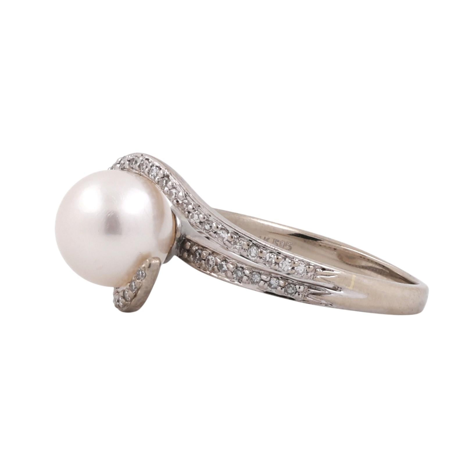 Akoya Pearl Diamond Bypass Ring 14K White Gold Estate Size 6.5 8.25mm