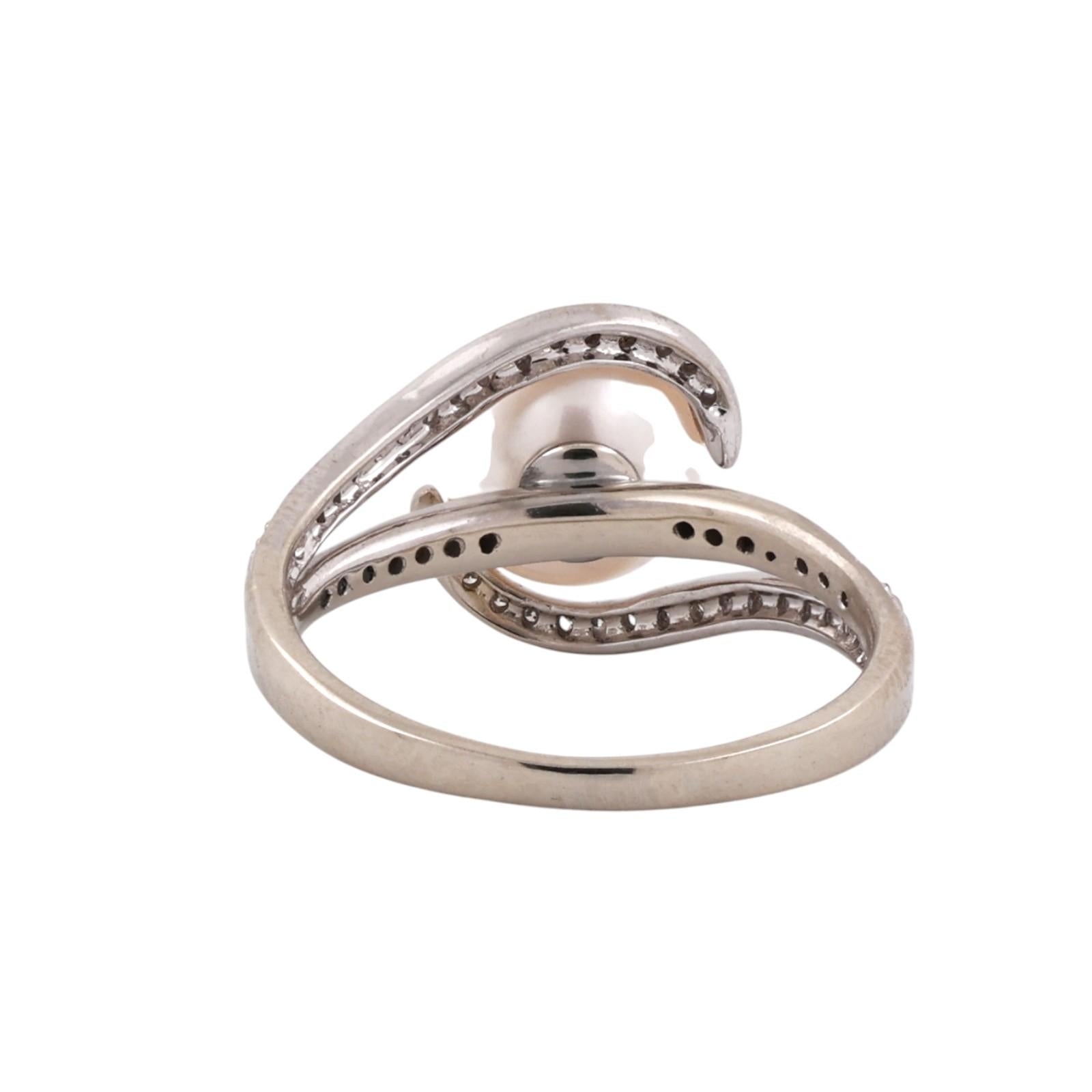Akoya Pearl Diamond Bypass Ring 14K White Gold Estate Size 6.5 8.25mm