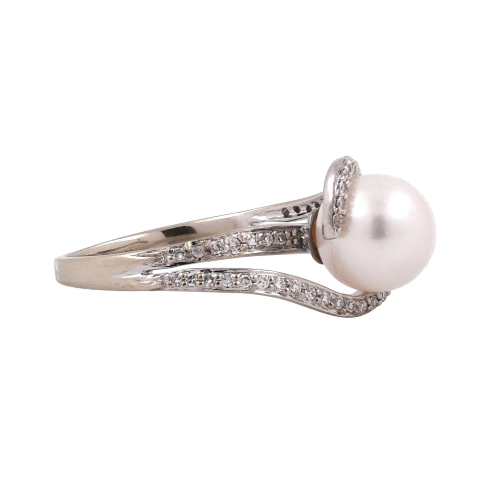 Akoya Pearl Diamond Bypass Ring 14K White Gold Estate Size 6.5 8.25mm