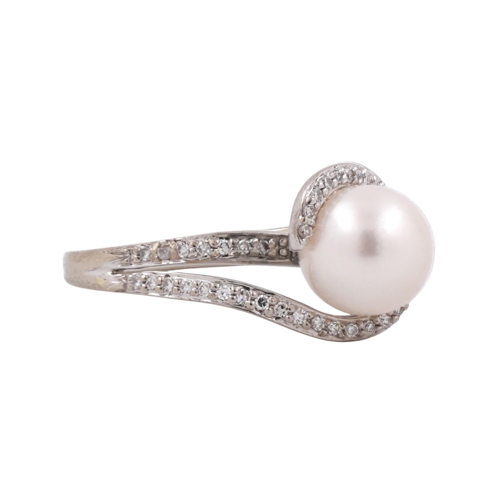 Akoya Pearl Diamond Bypass Ring 14K White Gold Estate Size 6.5 8.25mm