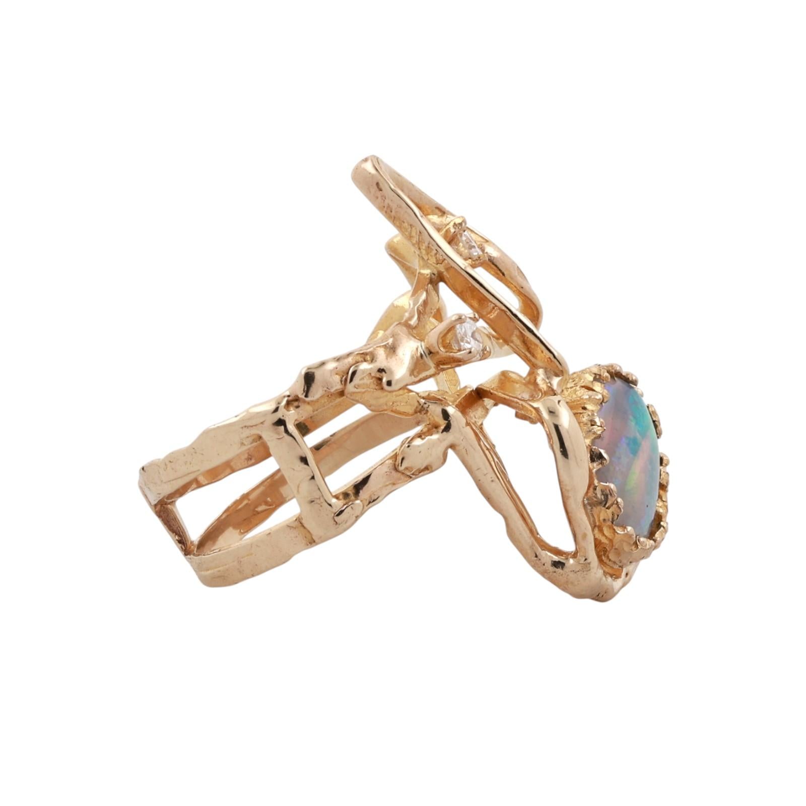 Vintage Freeform Opal Diamond Ring Yellow Gold Modernist Artisan Statement Ring
