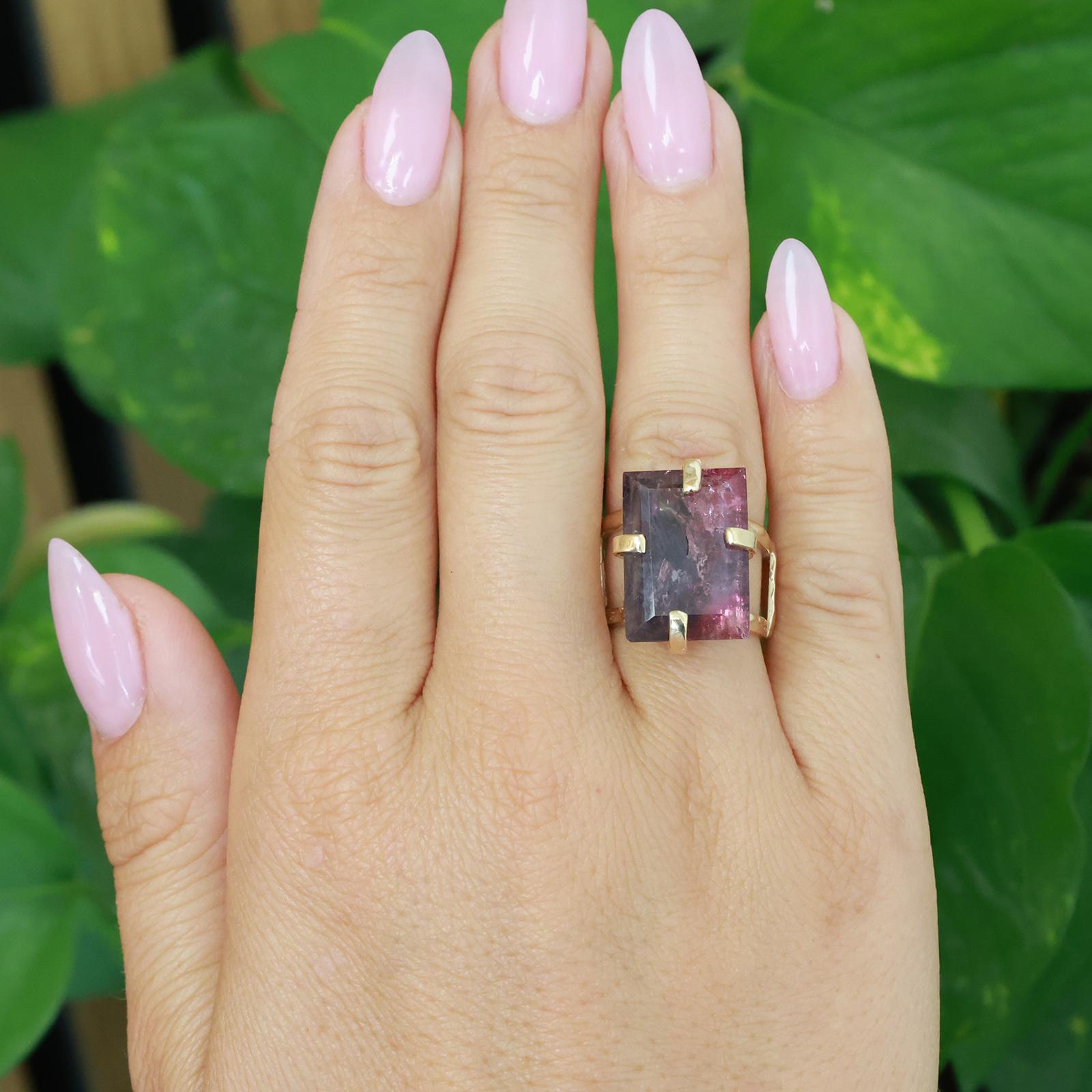 14K Yellow Gold 13.20ct Pink Tourmaline Emerald Cut Split Shank Ring Size 6.75