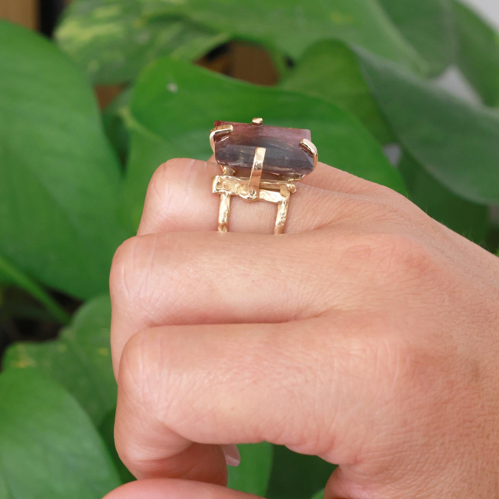 14K Yellow Gold 13.20ct Pink Tourmaline Emerald Cut Split Shank Ring Size 6.75
