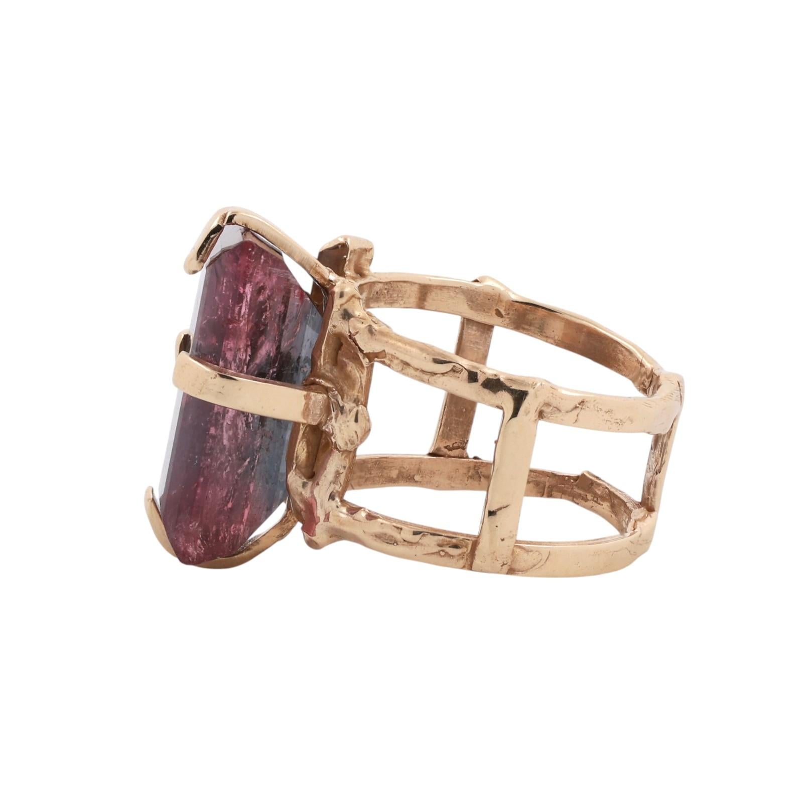 14K Yellow Gold 13.20ct Pink Tourmaline Emerald Cut Split Shank Ring Size 6.75
