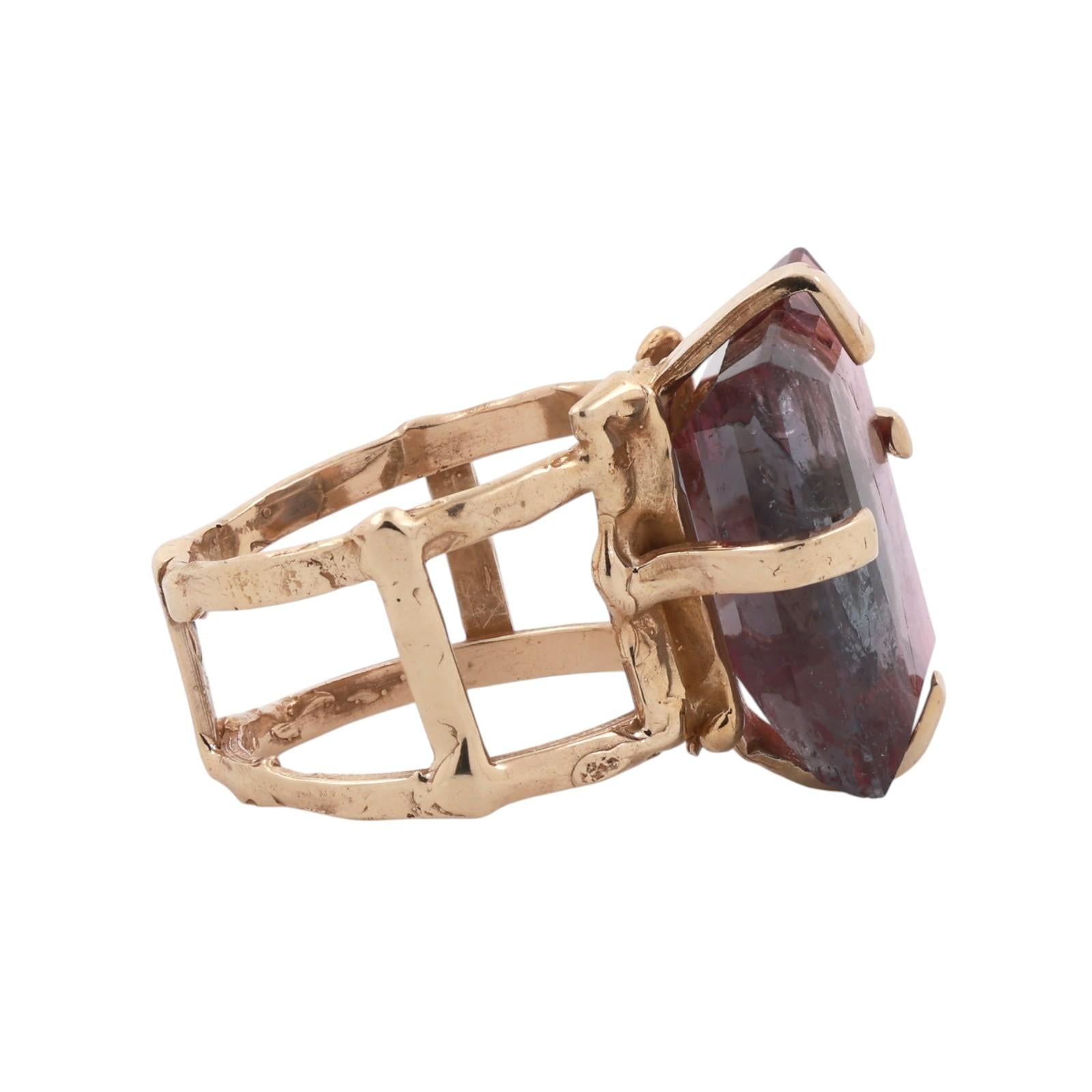 14K Yellow Gold 13.20ct Pink Tourmaline Emerald Cut Split Shank Ring Size 6.75