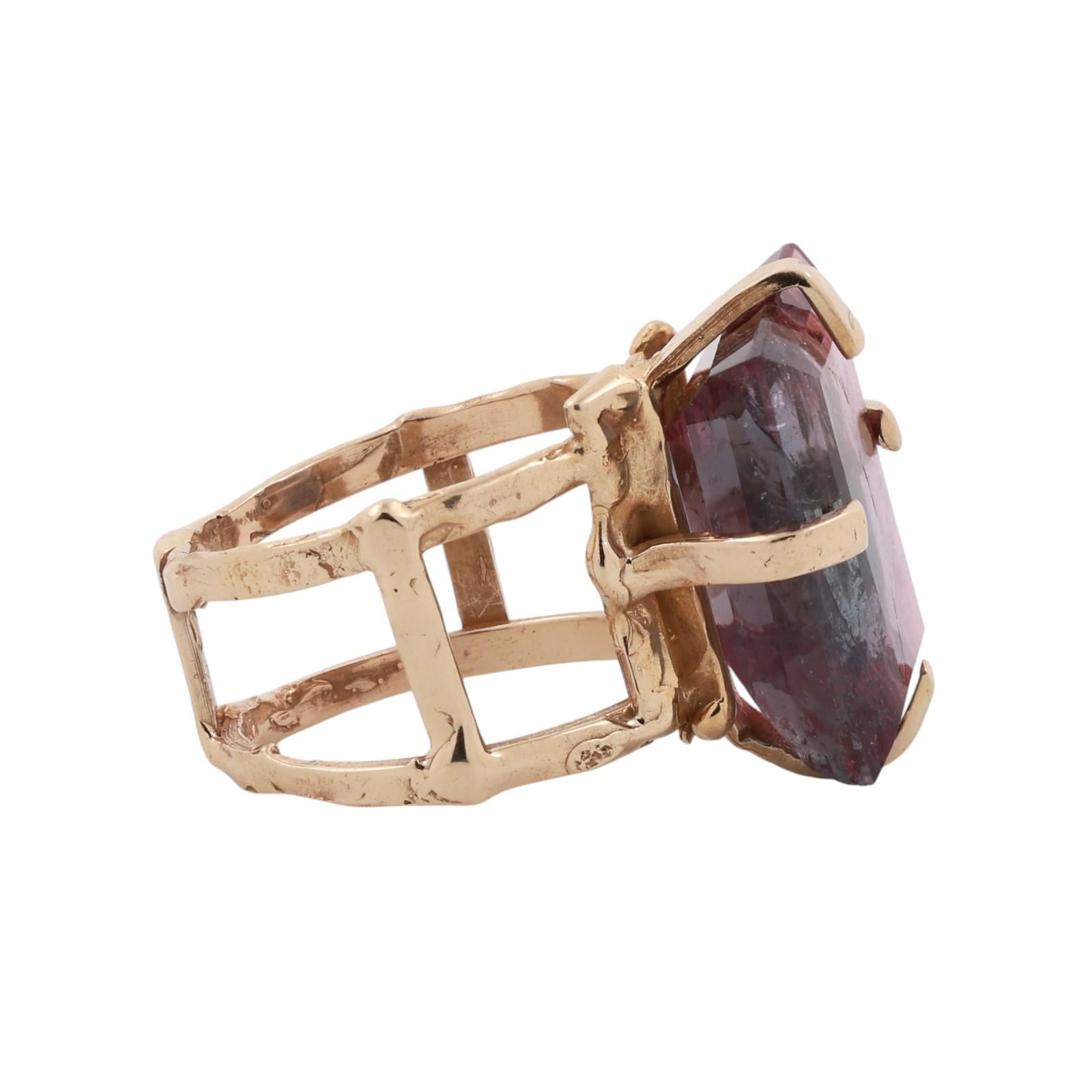 14K Yellow Gold 13.20ct Pink Tourmaline Emerald Cut Split Shank Ring Size 6.75