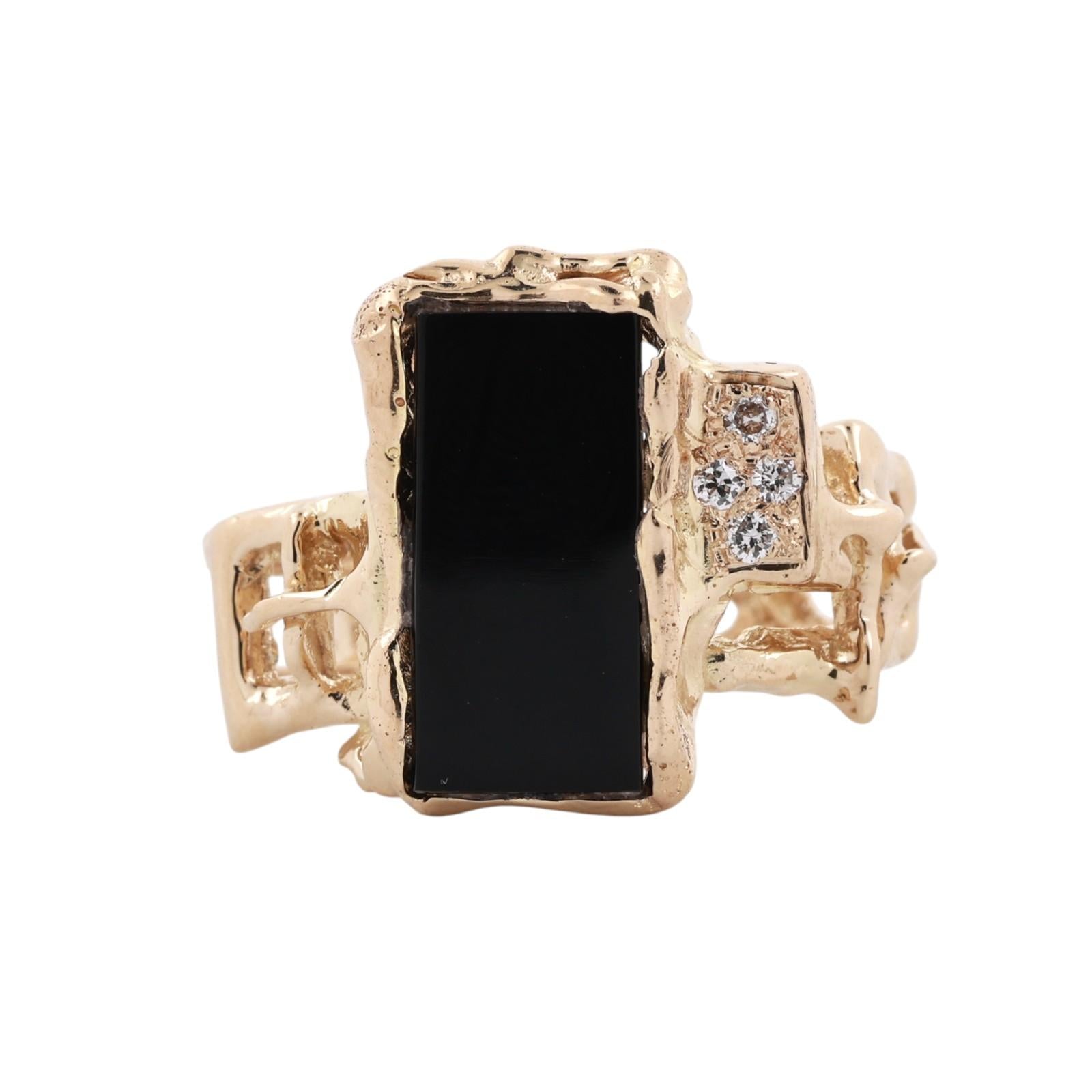 14K Yellow Gold Black Onyx Diamond Brutalist Ring Mens Estate Size 9.75