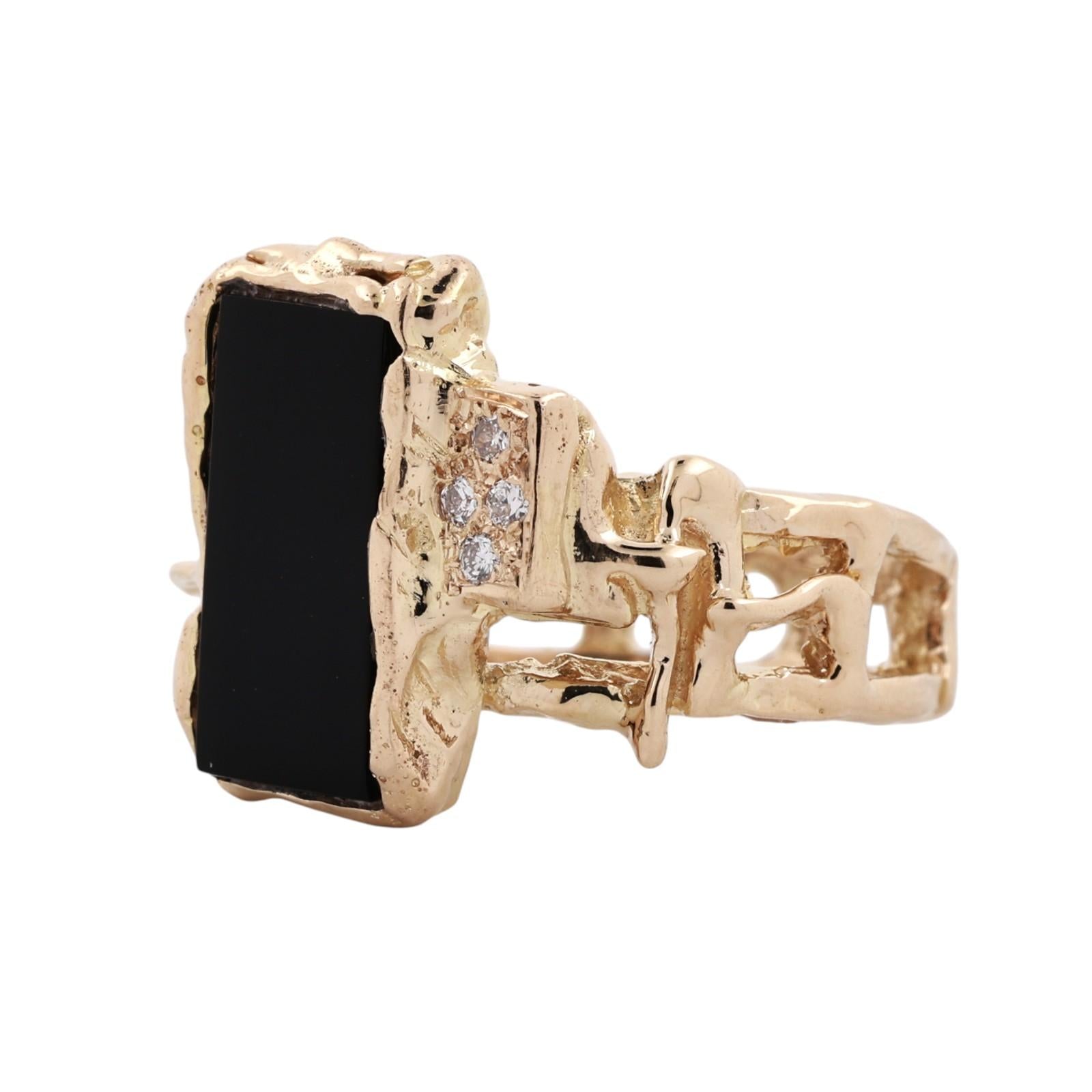 14K Yellow Gold Black Onyx Diamond Brutalist Ring Mens Estate Size 9.75