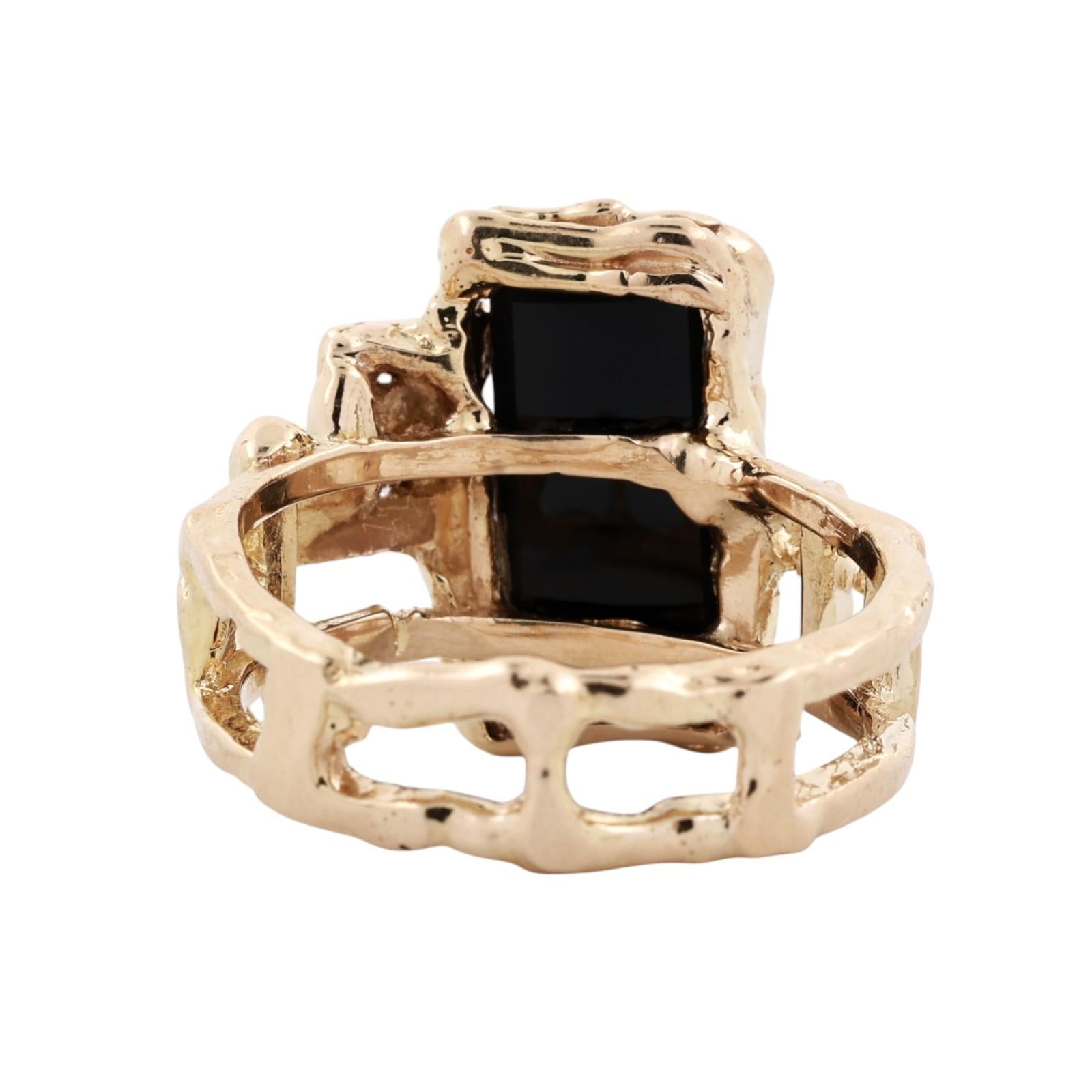 14K Yellow Gold Black Onyx Diamond Brutalist Ring Mens Estate Size 9.75