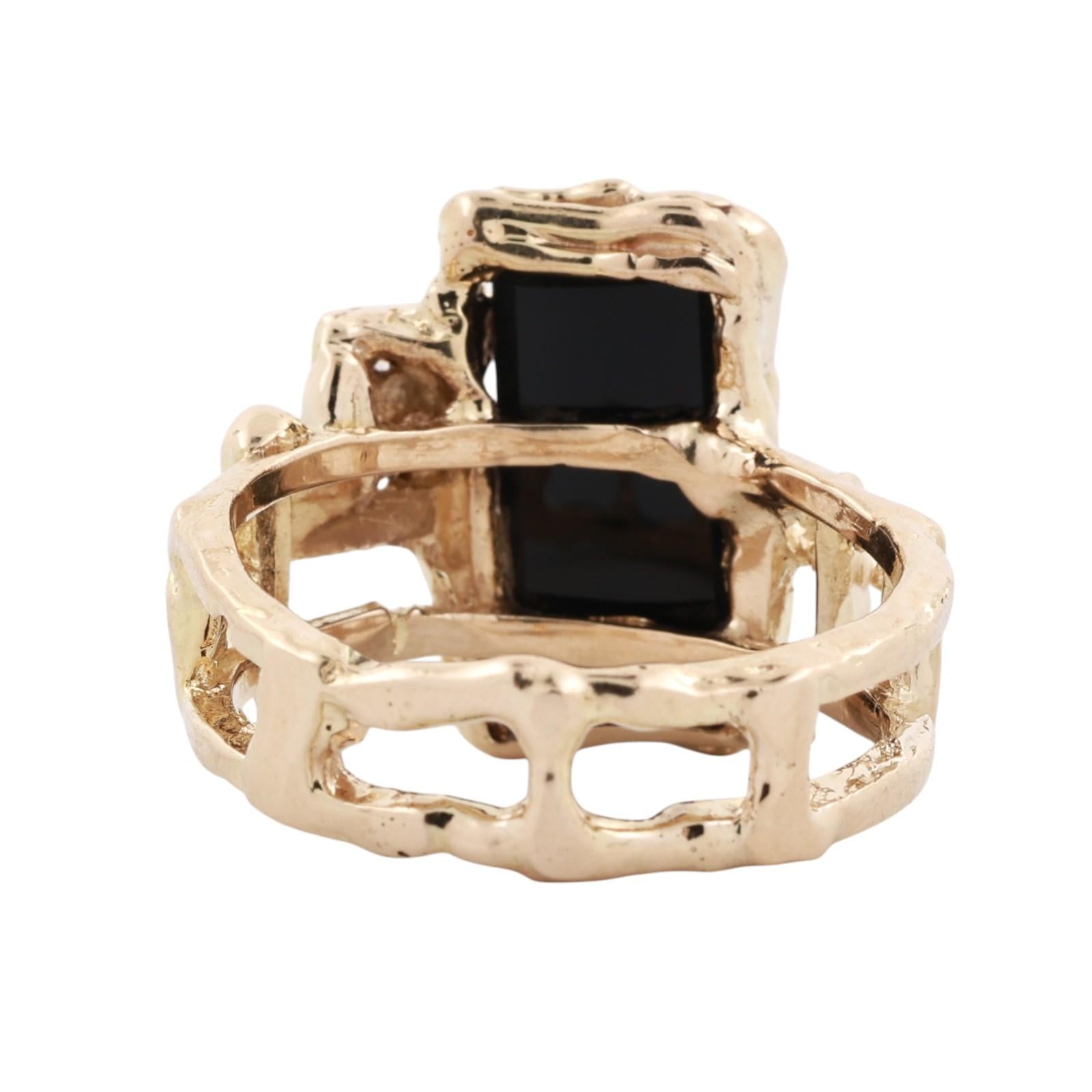 14K Yellow Gold Black Onyx Diamond Brutalist Ring Mens Estate Size 9.75