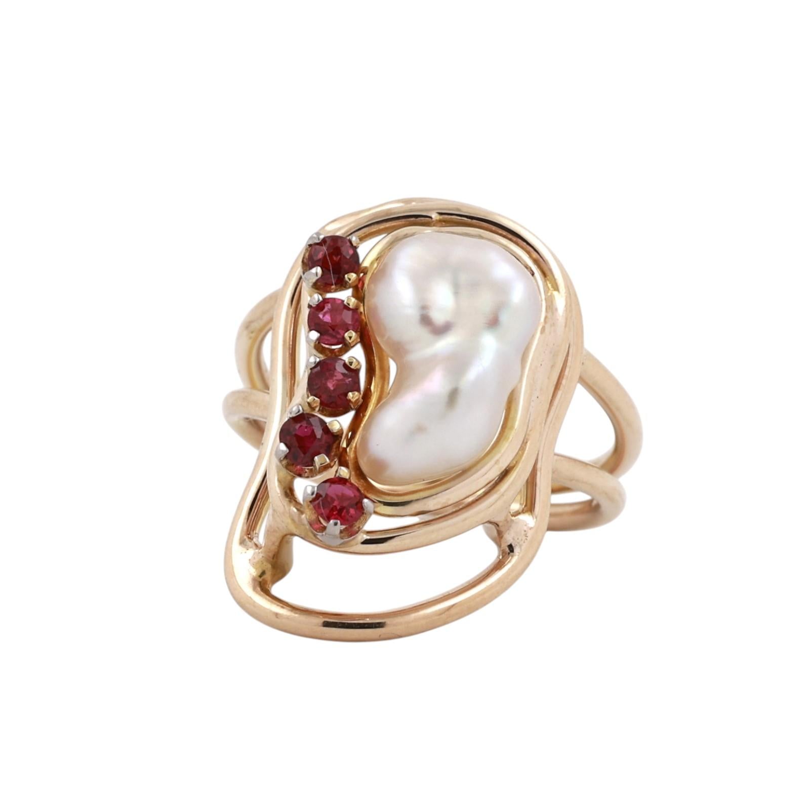 Ruby Pearl Statement Ring Yellow Gold Modern Freeform Estate Size 7.25