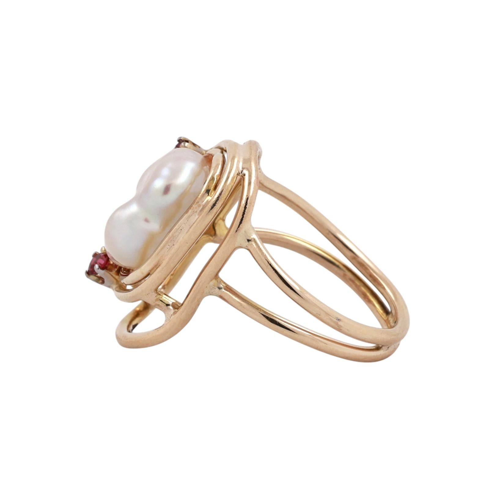 Ruby Pearl Statement Ring Yellow Gold Modern Freeform Estate Size 7.25