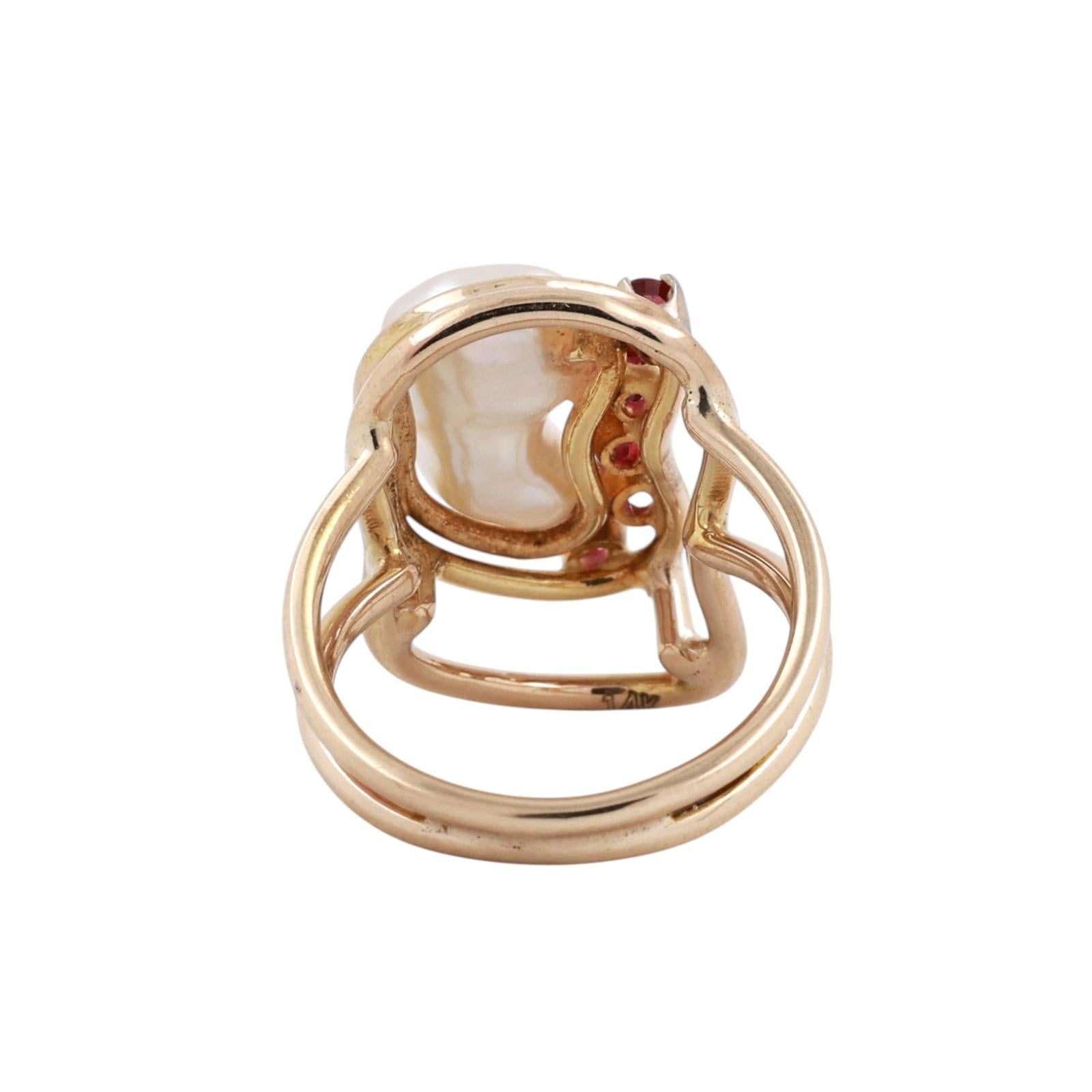 Ruby Pearl Statement Ring Yellow Gold Modern Freeform Estate Size 7.25