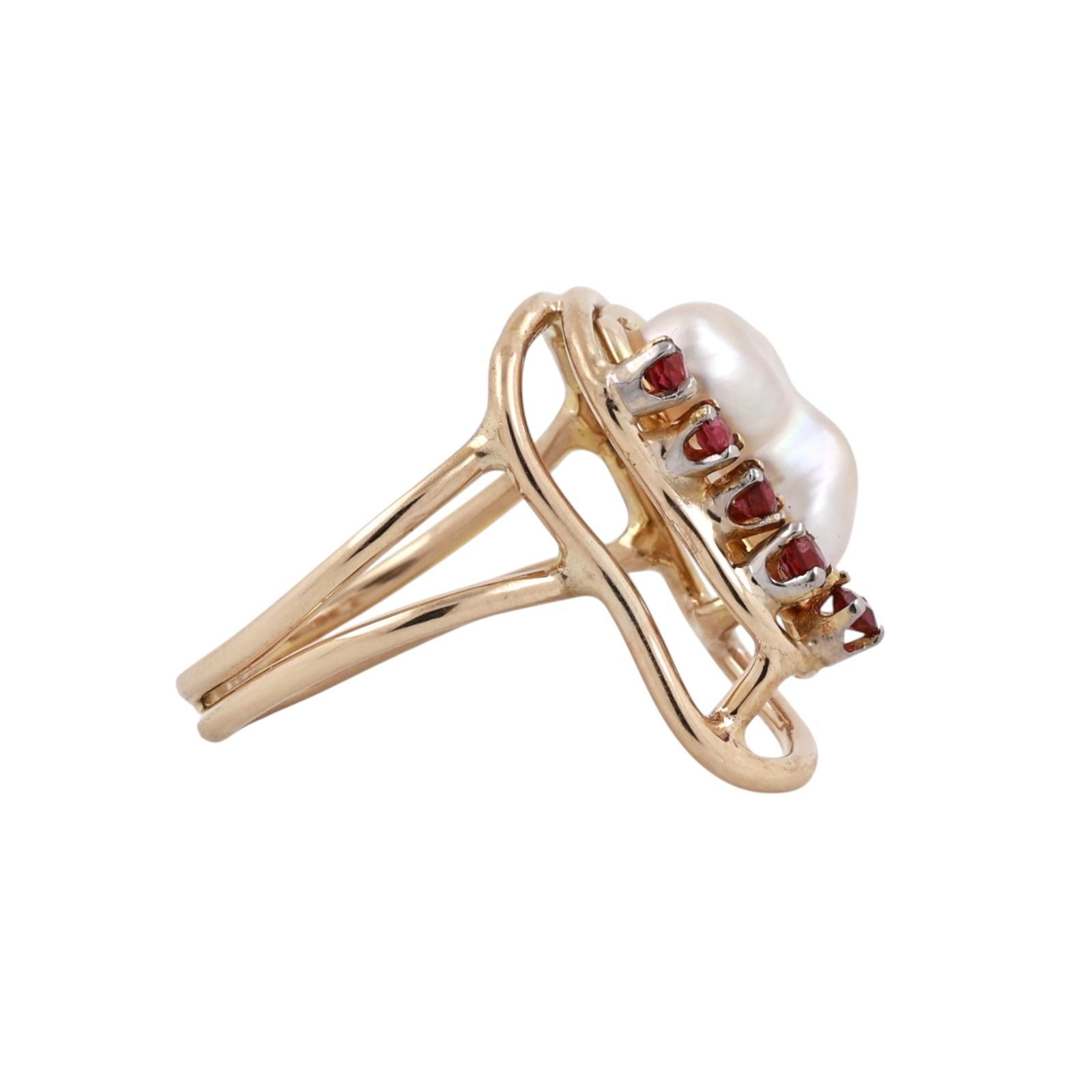 Ruby Pearl Statement Ring Yellow Gold Modern Freeform Estate Size 7.25