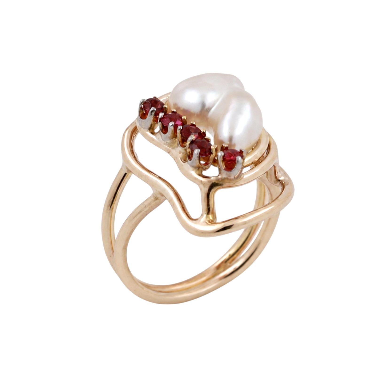 Ruby Pearl Statement Ring Yellow Gold Modern Freeform Estate Size 7.25