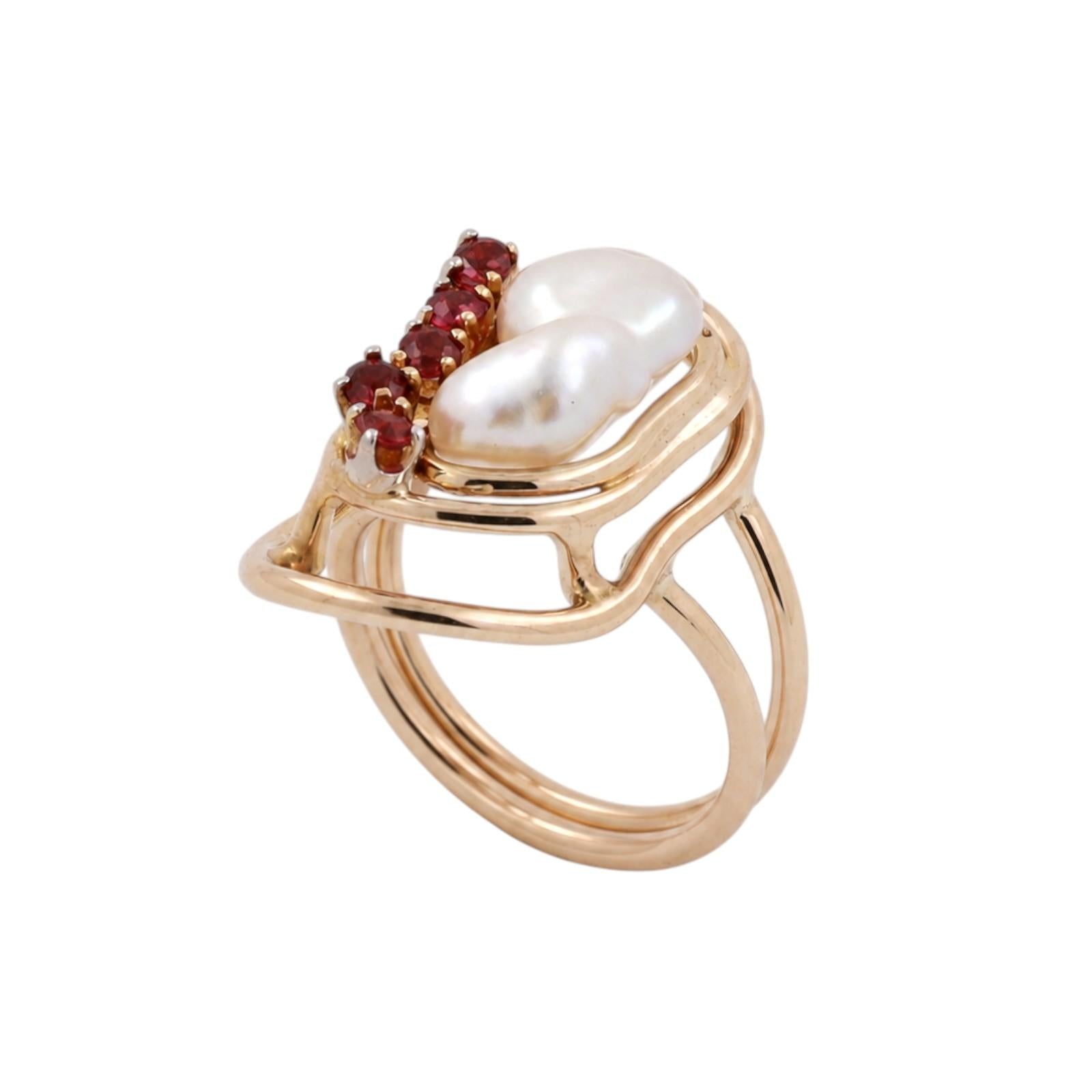 Ruby Pearl Statement Ring Yellow Gold Modern Freeform Estate Size 7.25