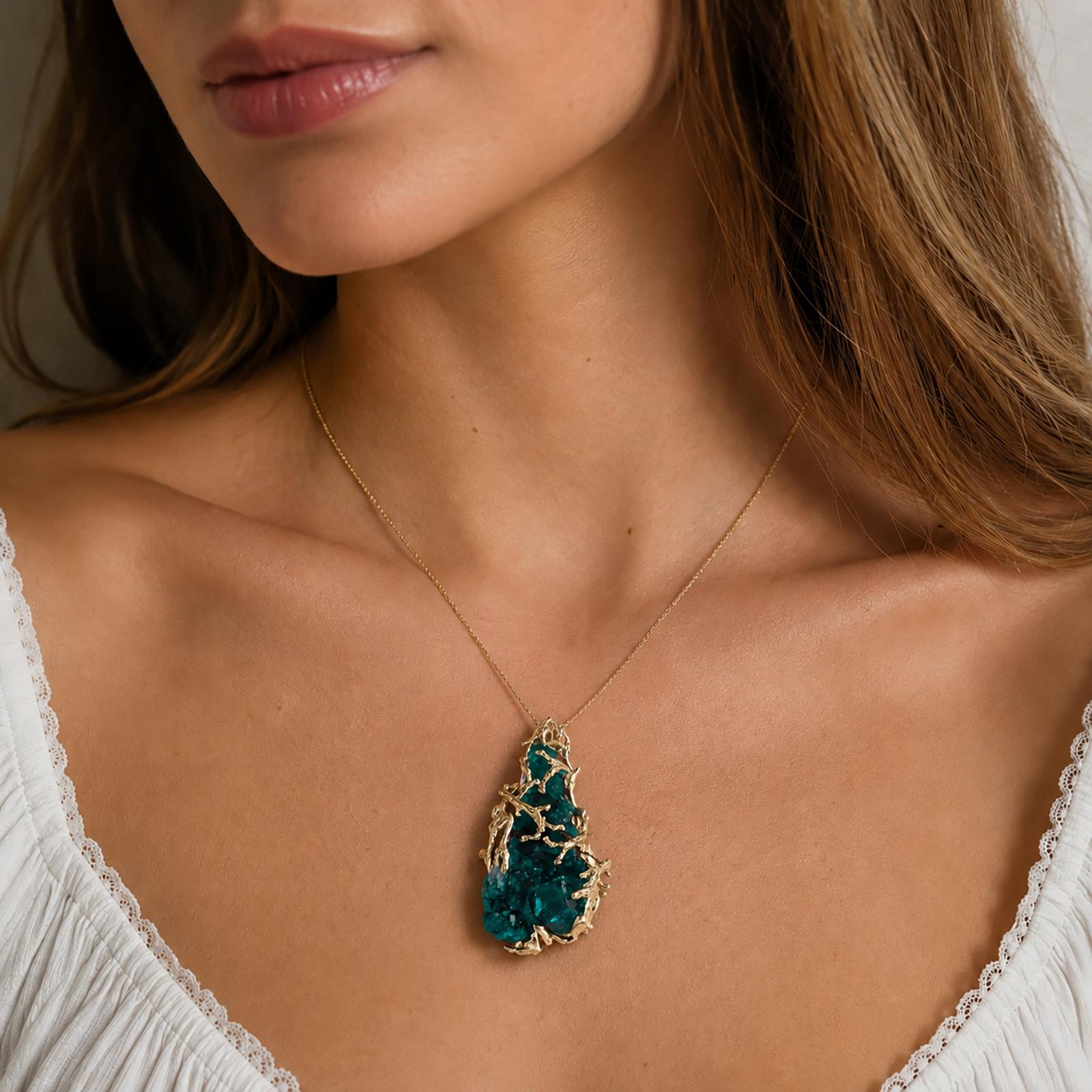 Circa 1970s Natural Diopside Crystal Specimen Gold Pendant Organic Branch Design