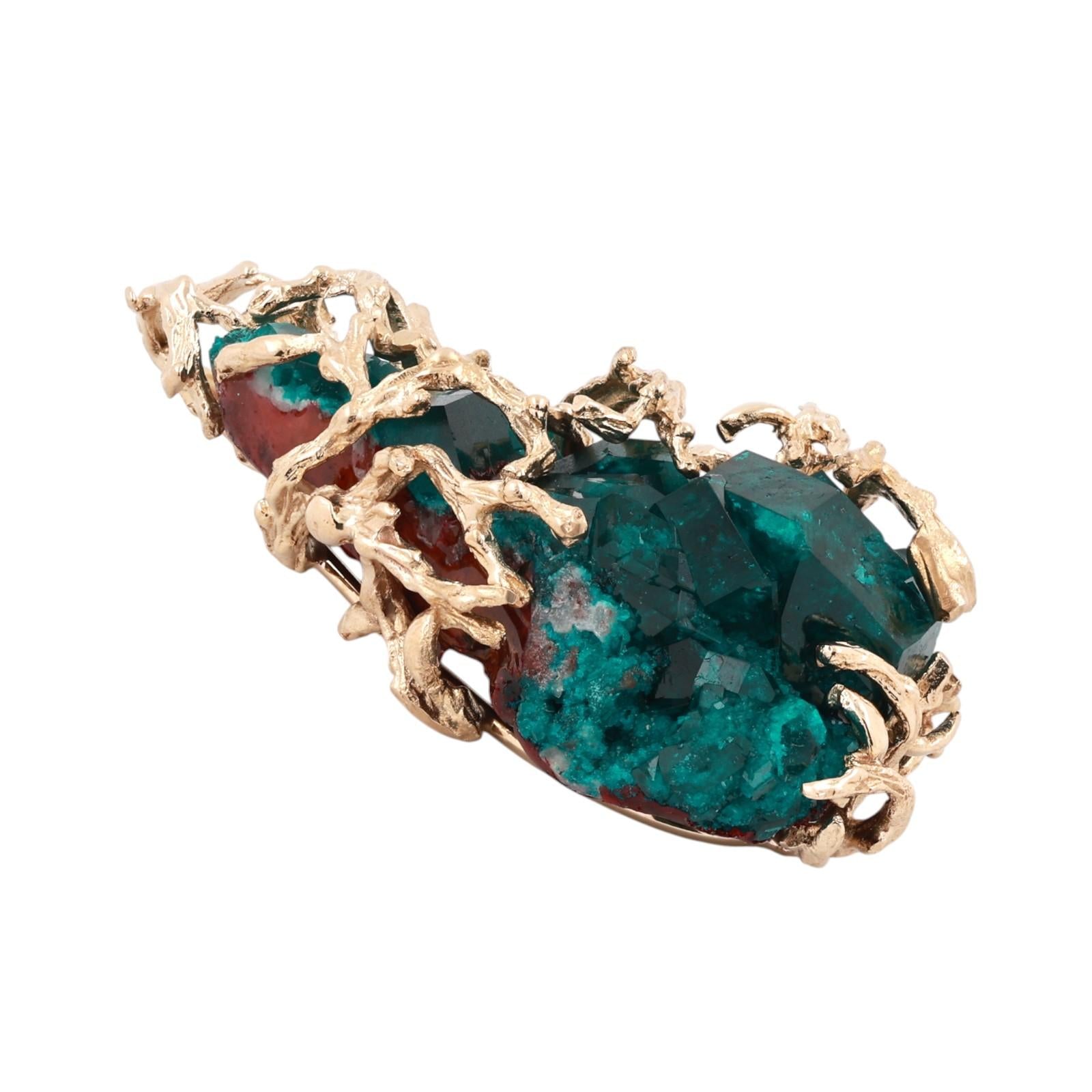 Circa 1970s Natural Diopside Crystal Specimen Gold Pendant Organic Branch Design