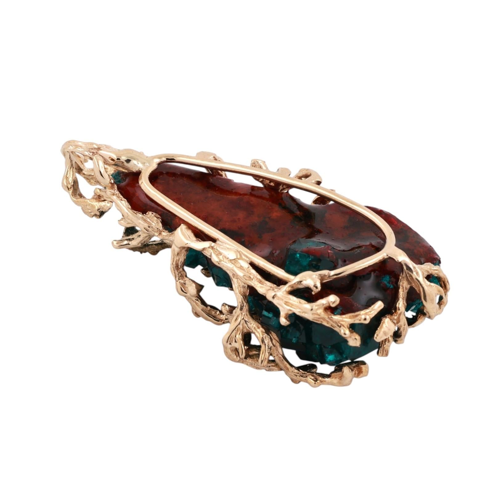 Circa 1970s Natural Diopside Crystal Specimen Gold Pendant Organic Branch Design