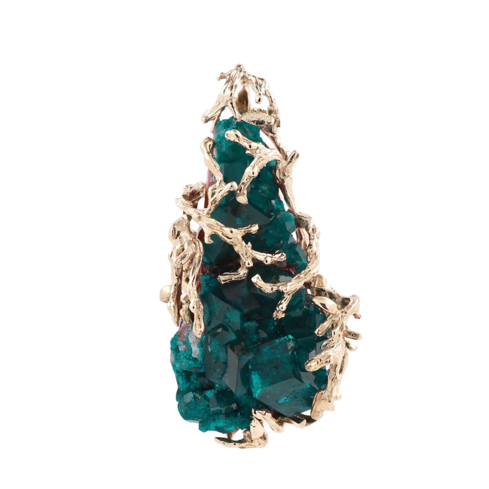 Circa 1970s Natural Diopside Crystal Specimen Gold Pendant Organic Branch Design