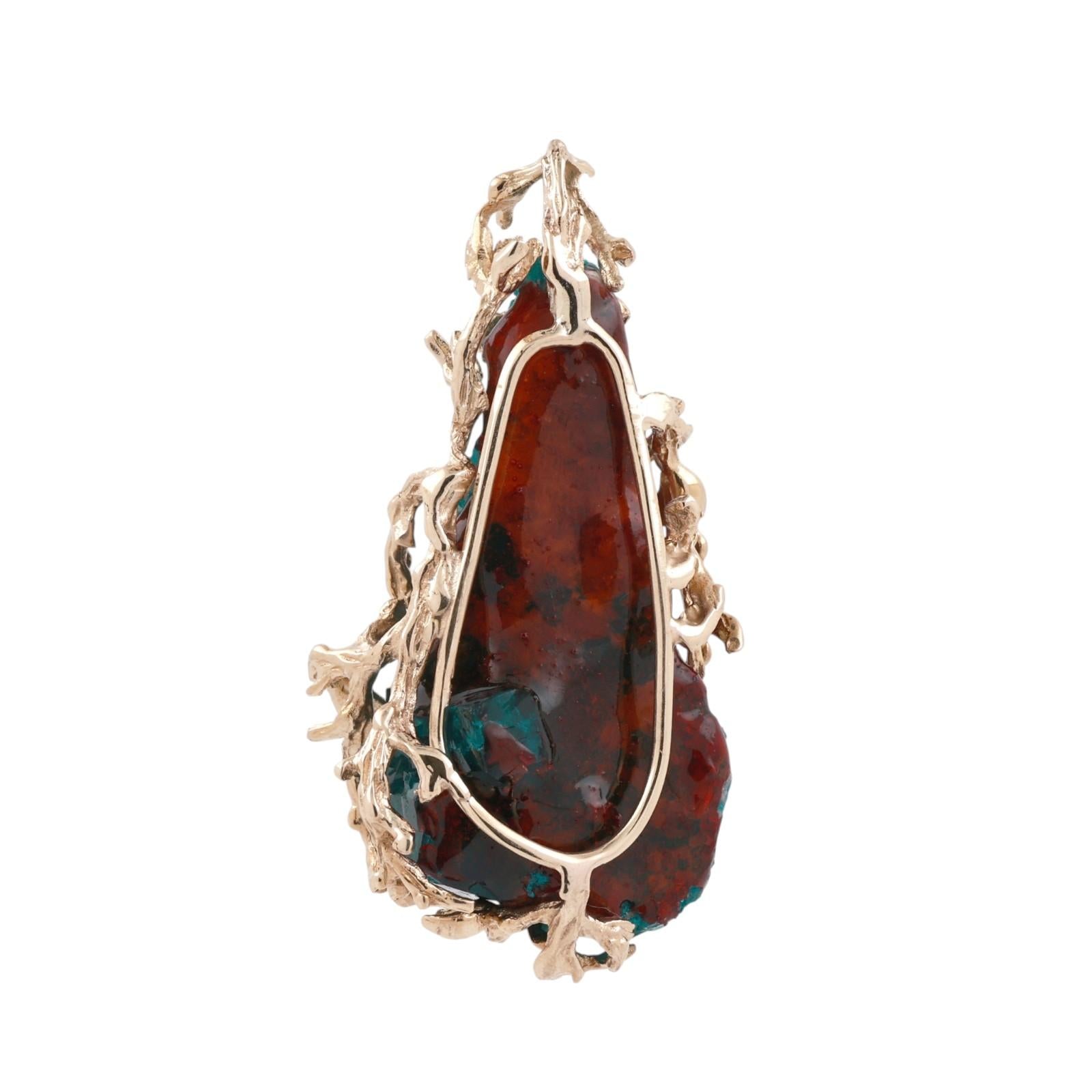 Circa 1970s Natural Diopside Crystal Specimen Gold Pendant Organic Branch Design