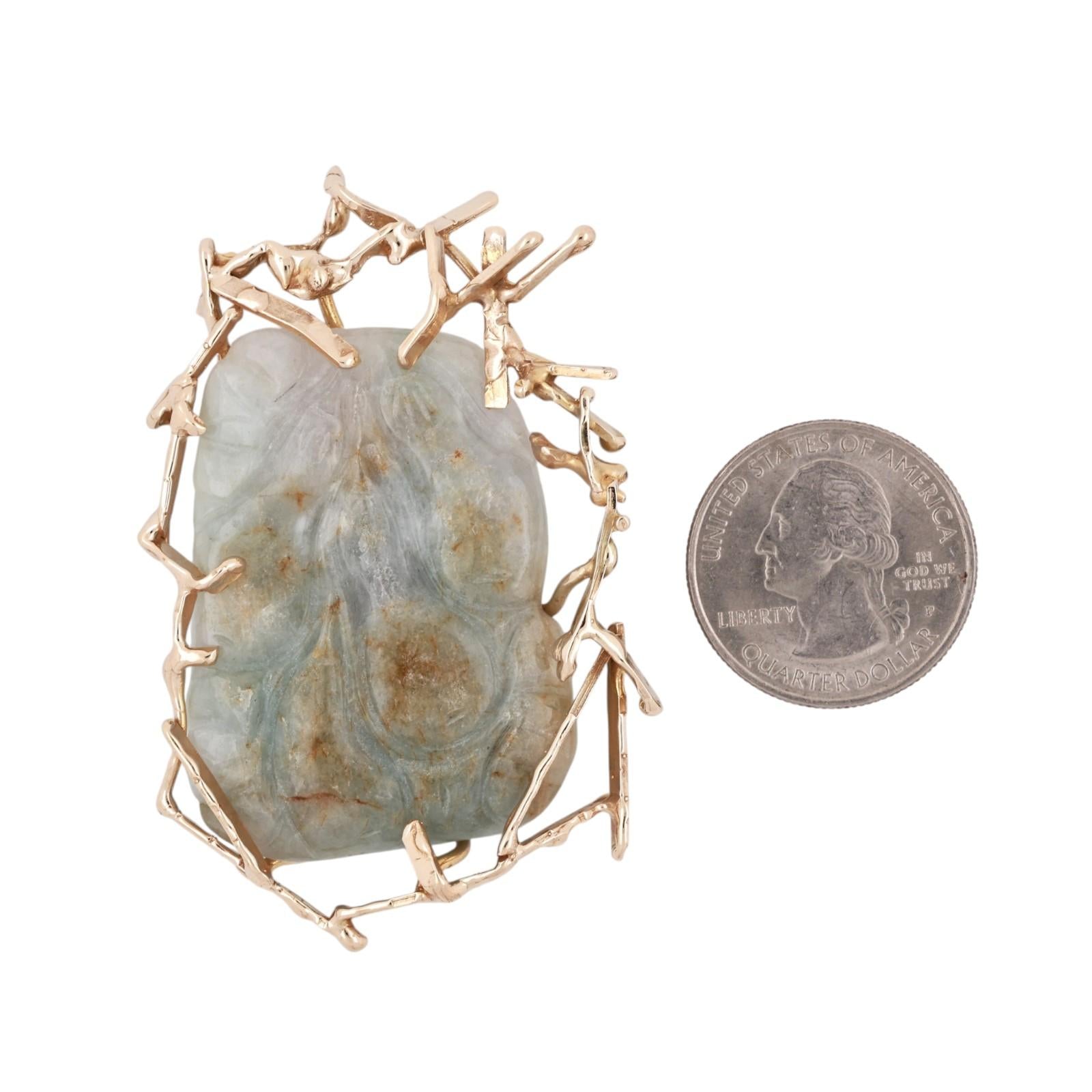 Vintage Artisan Gold Mounted Carved Jadeite Pendant Organic Branch Design 29.6g