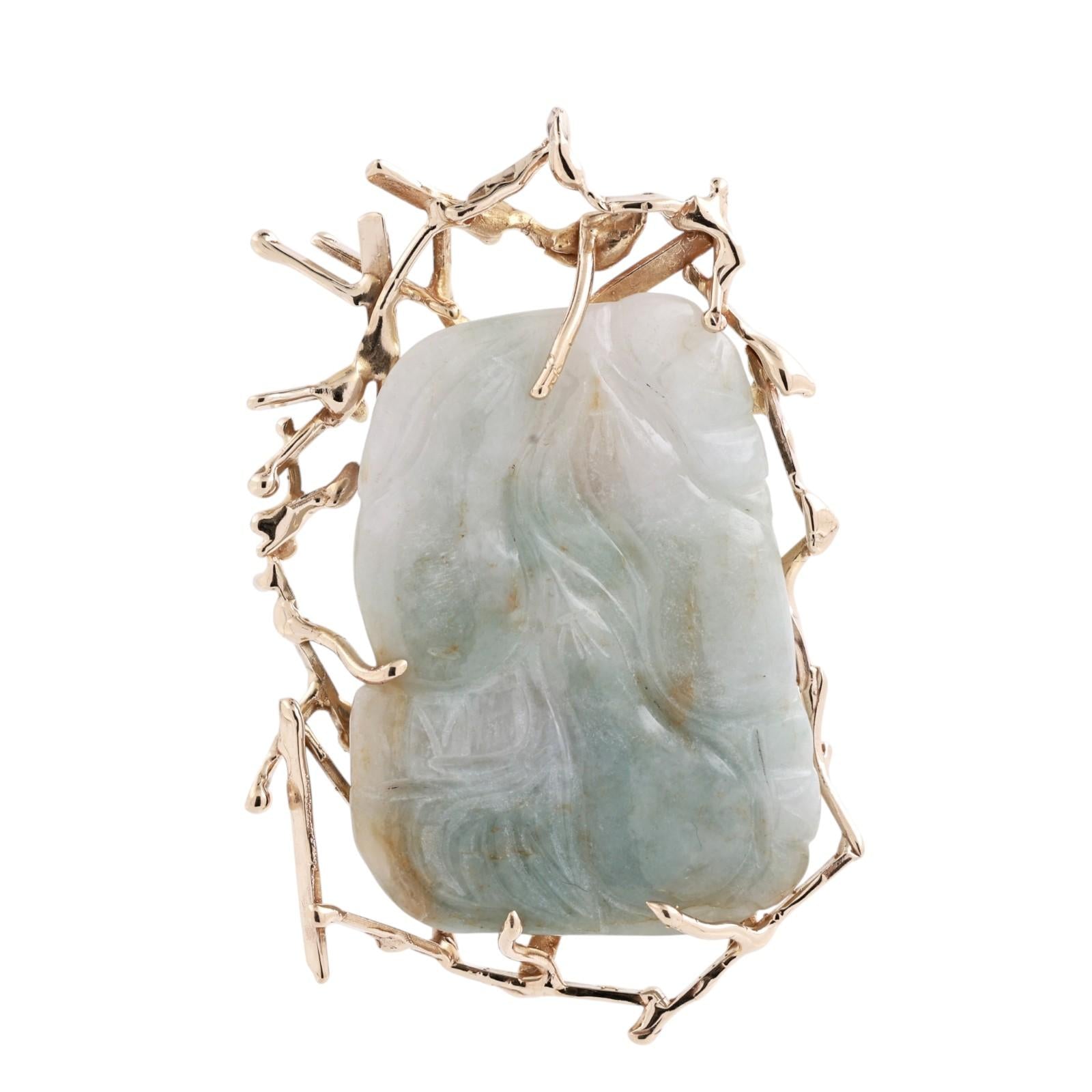 Vintage Artisan Gold Mounted Carved Jadeite Pendant Organic Branch Design 29.6g