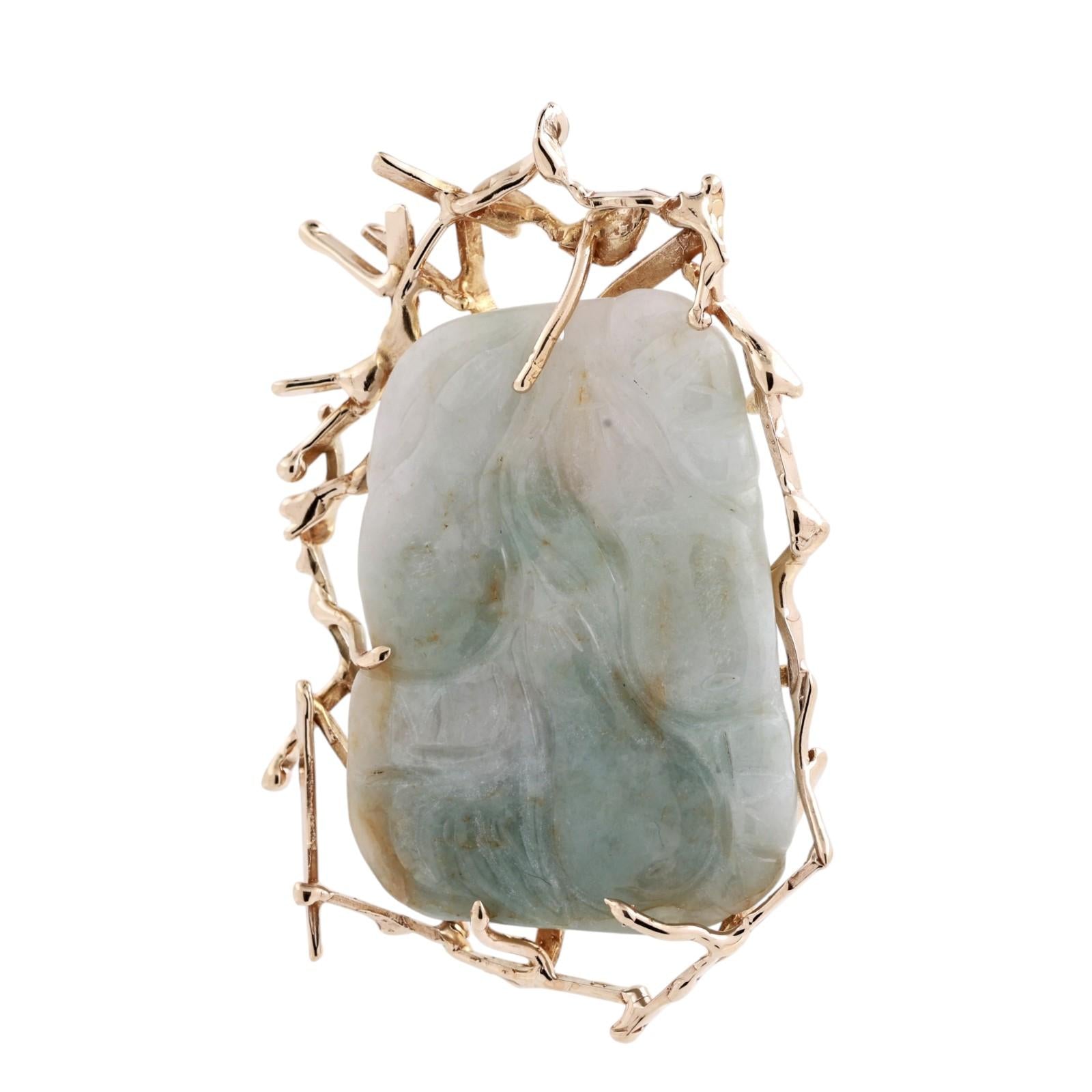 Vintage Artisan Gold Mounted Carved Jadeite Pendant Organic Branch Design 29.6g