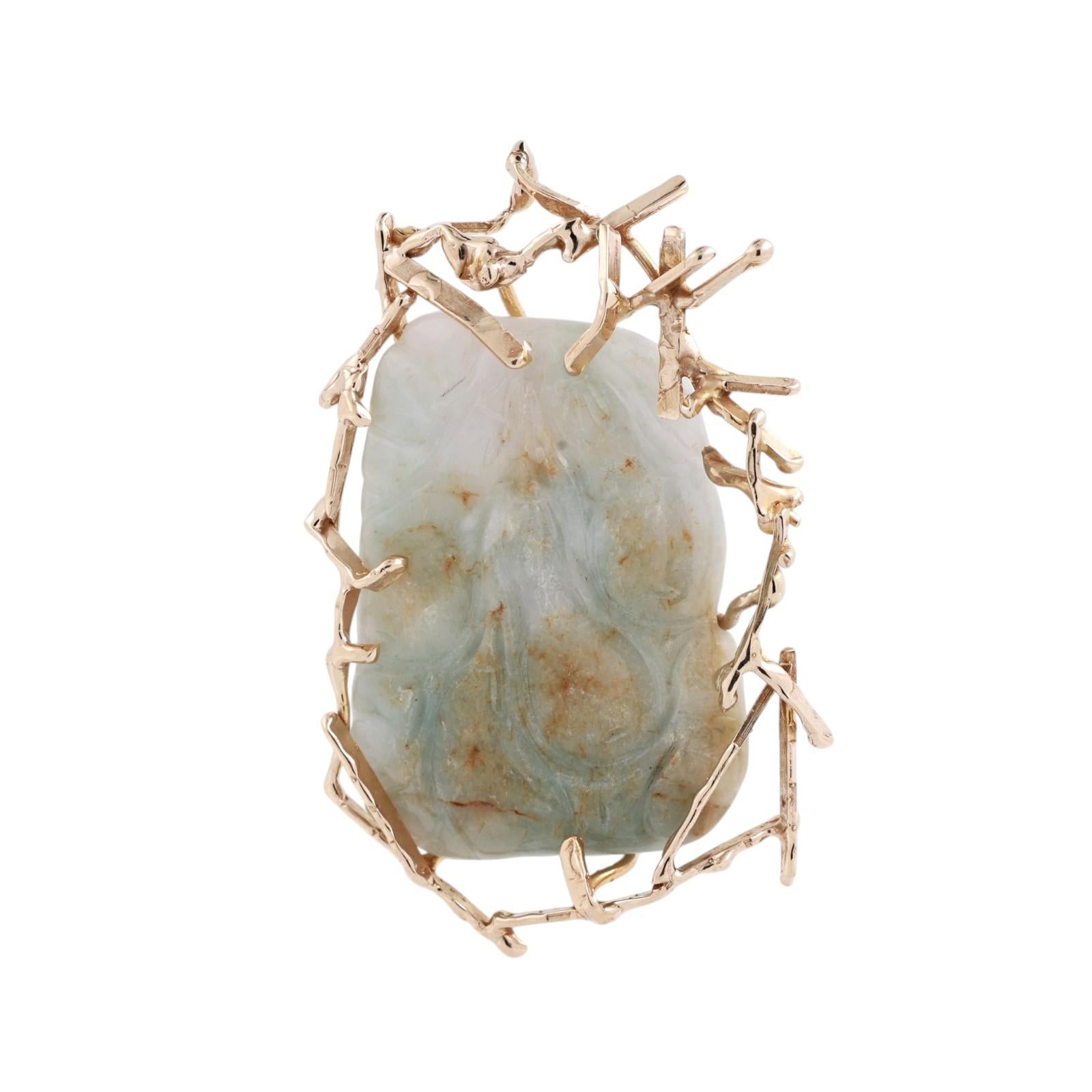 Vintage Artisan Gold Mounted Carved Jadeite Pendant Organic Branch Design 29.6g