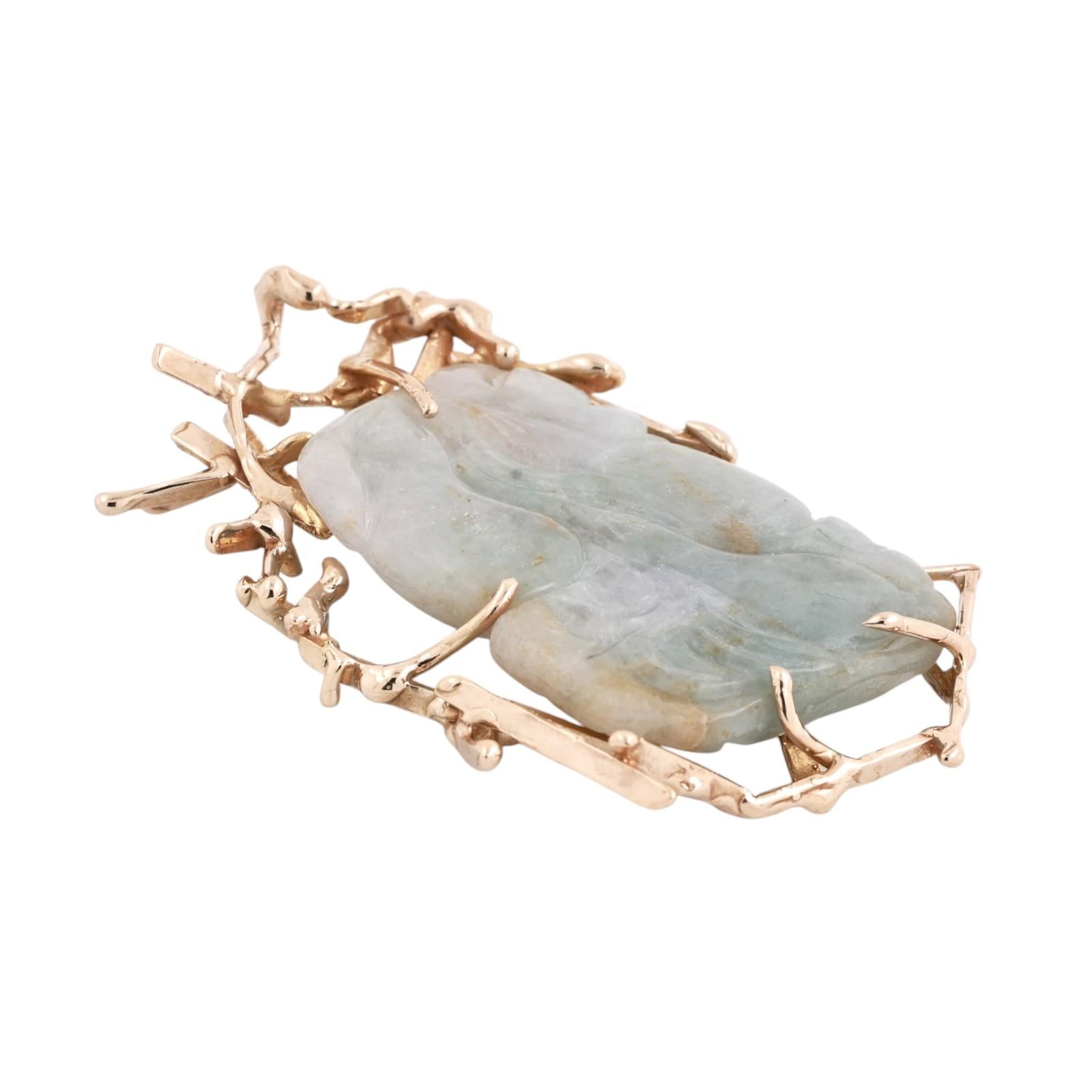 Vintage Artisan Gold Mounted Carved Jadeite Pendant Organic Branch Design 29.6g