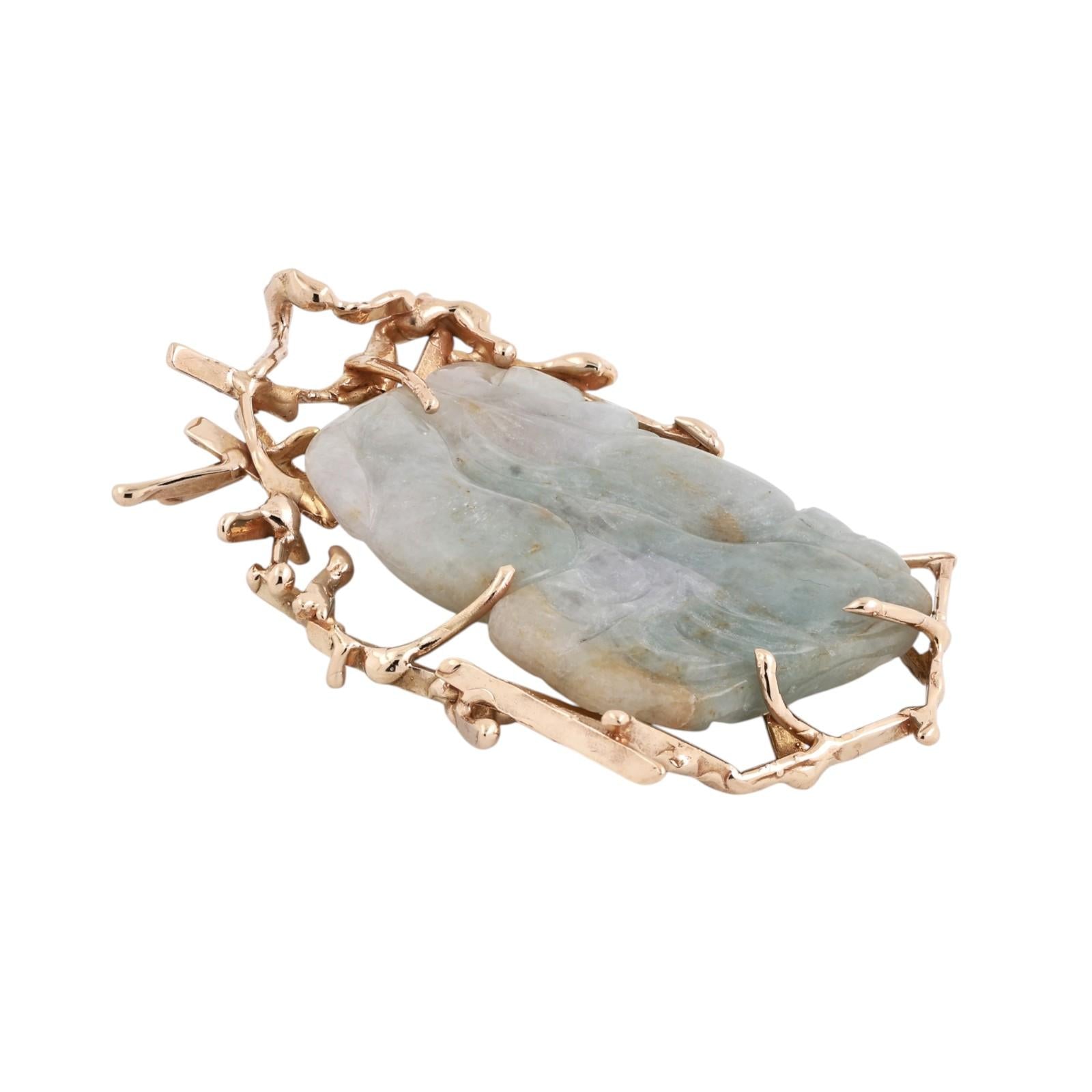 Vintage Artisan Gold Mounted Carved Jadeite Pendant Organic Branch Design 29.6g