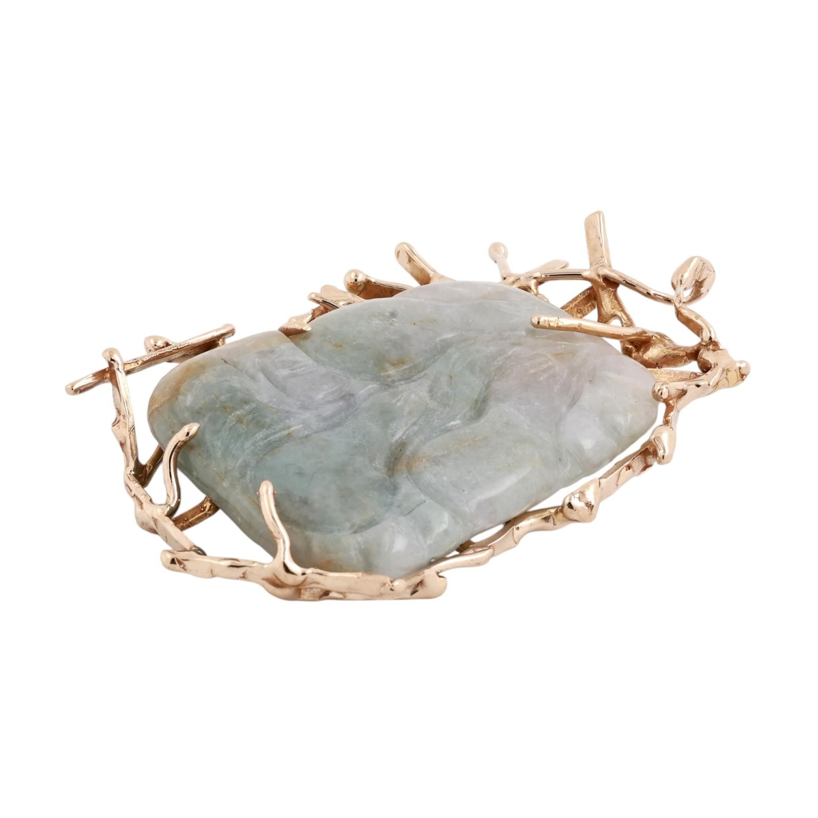 Vintage Artisan Gold Mounted Carved Jadeite Pendant Organic Branch Design 29.6g