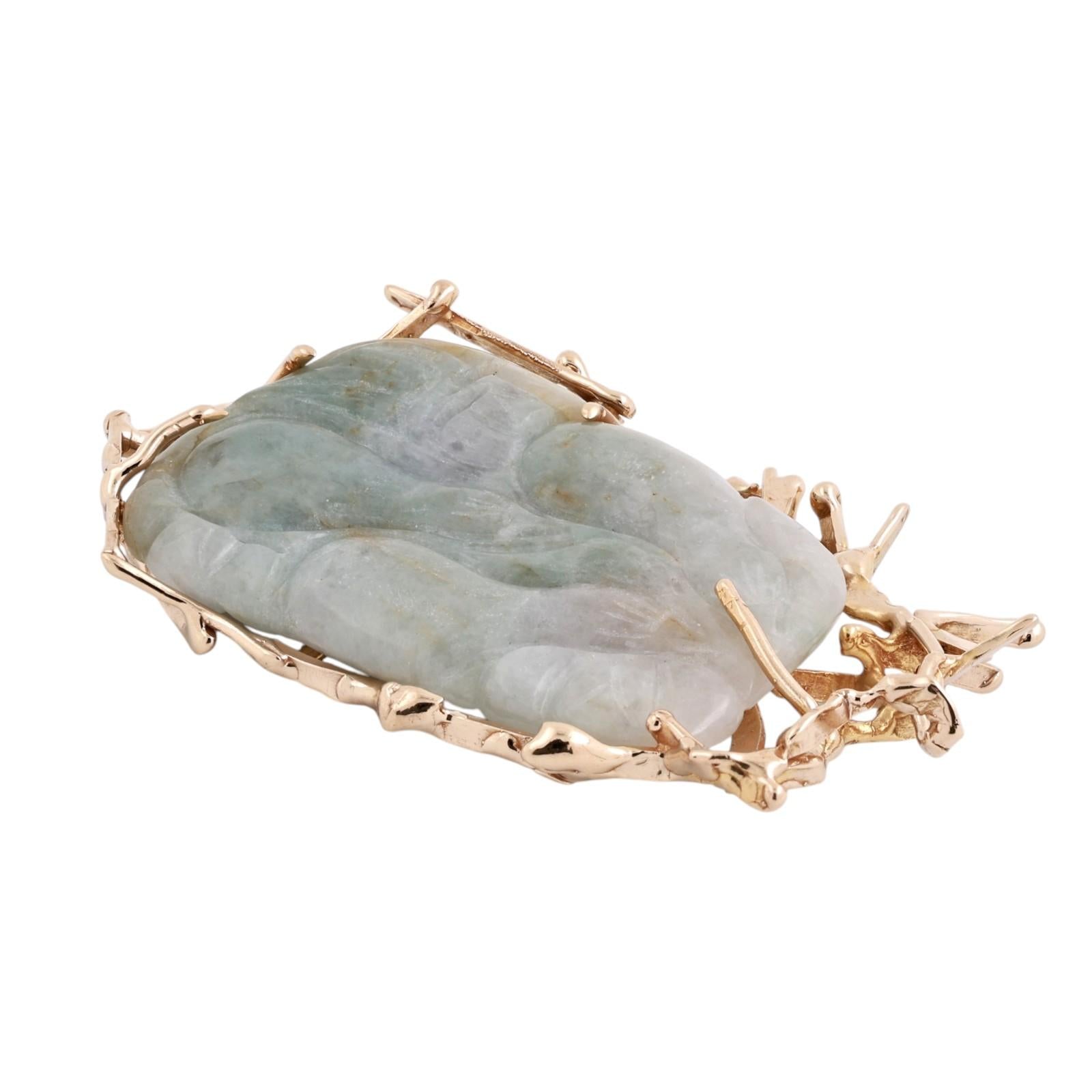Vintage Artisan Gold Mounted Carved Jadeite Pendant Organic Branch Design 29.6g