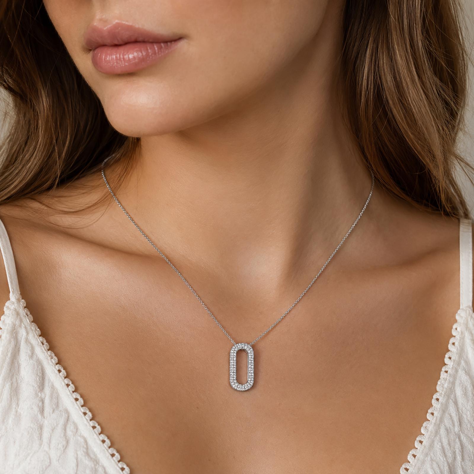 14K White Gold 1.00CTW Diamond Oval Paperclip Link Pendant Charm 0.80"