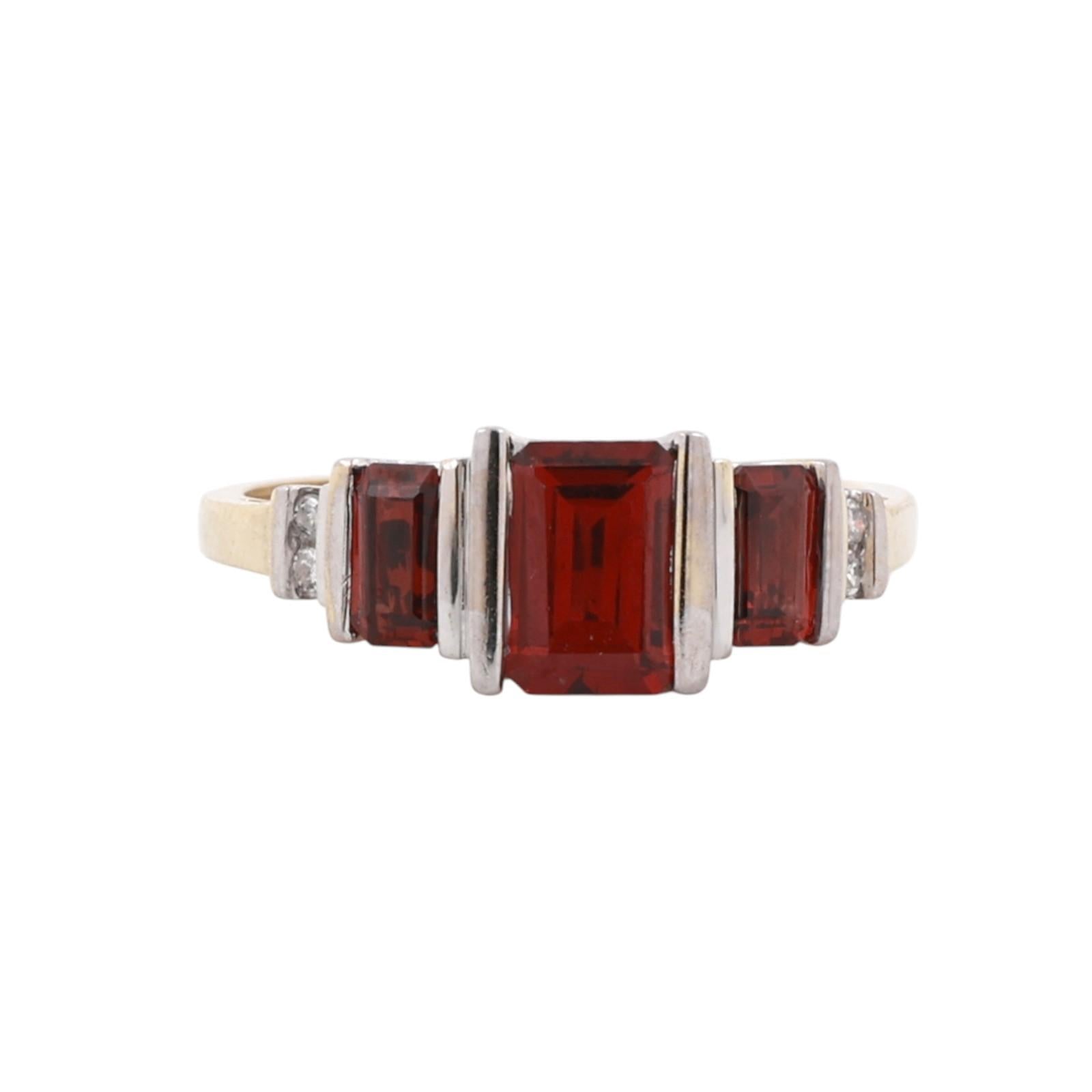 10K Two Tone Gold Emerald Cut Garnet Diamond Ring 3-Stone Garnet Ring Size 7.25