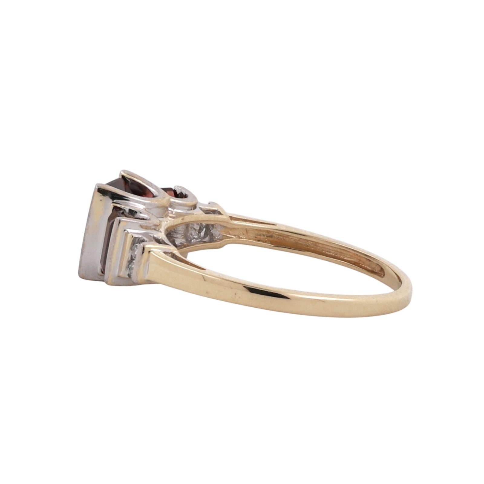 10K Two Tone Gold Emerald Cut Garnet Diamond Ring 3-Stone Garnet Ring Size 7.25