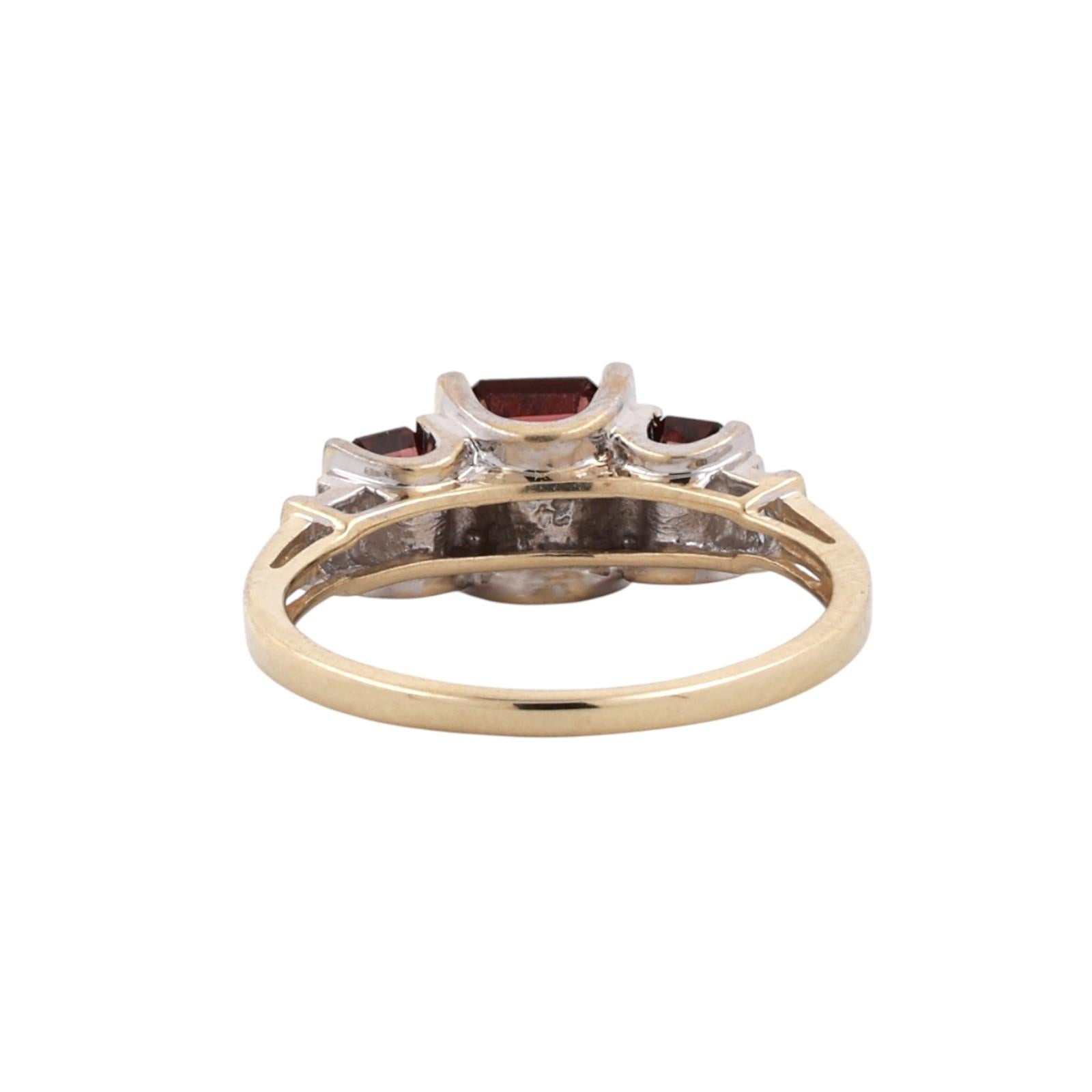 10K Two Tone Gold Emerald Cut Garnet Diamond Ring 3-Stone Garnet Ring Size 7.25
