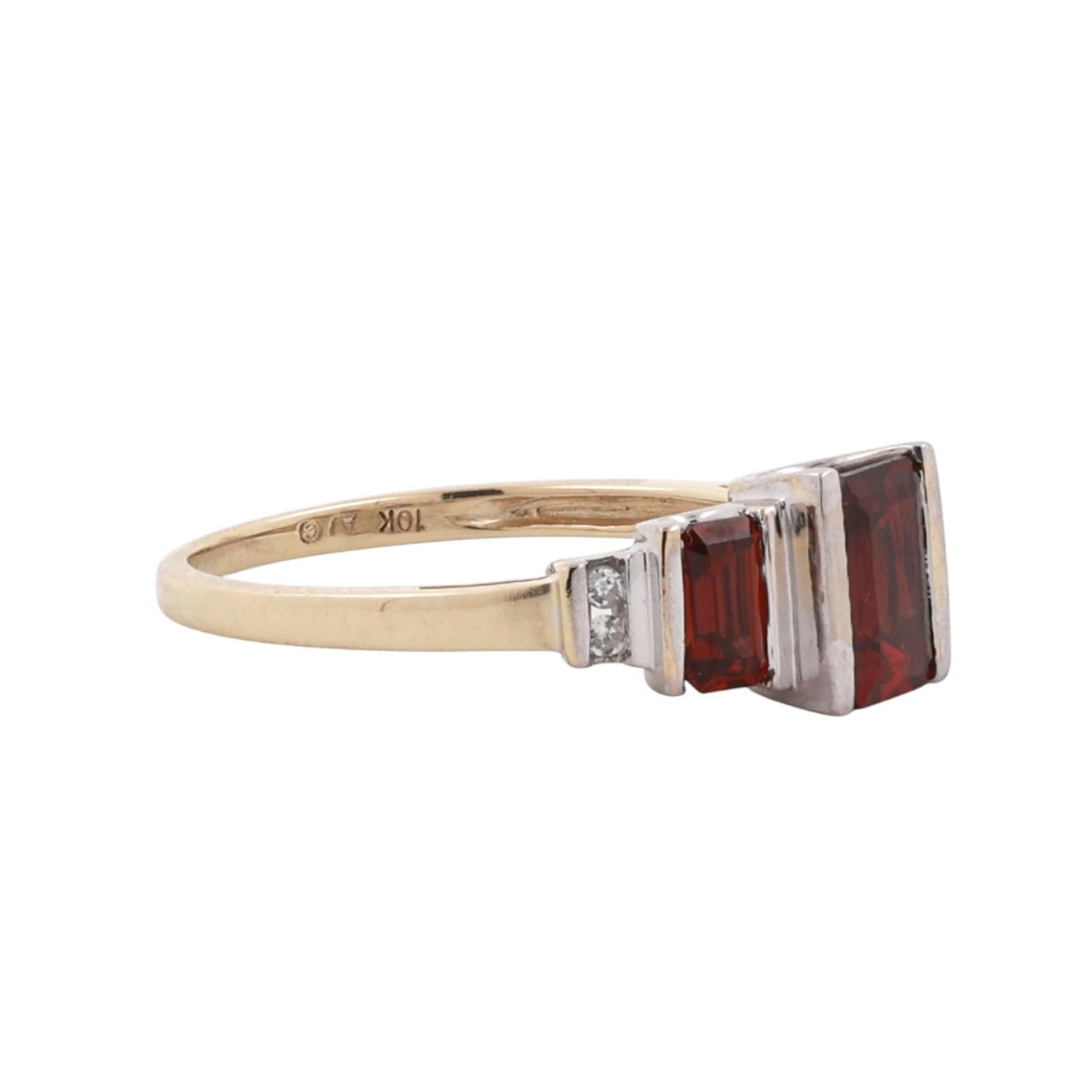 10K Two Tone Gold Emerald Cut Garnet Diamond Ring 3-Stone Garnet Ring Size 7.25