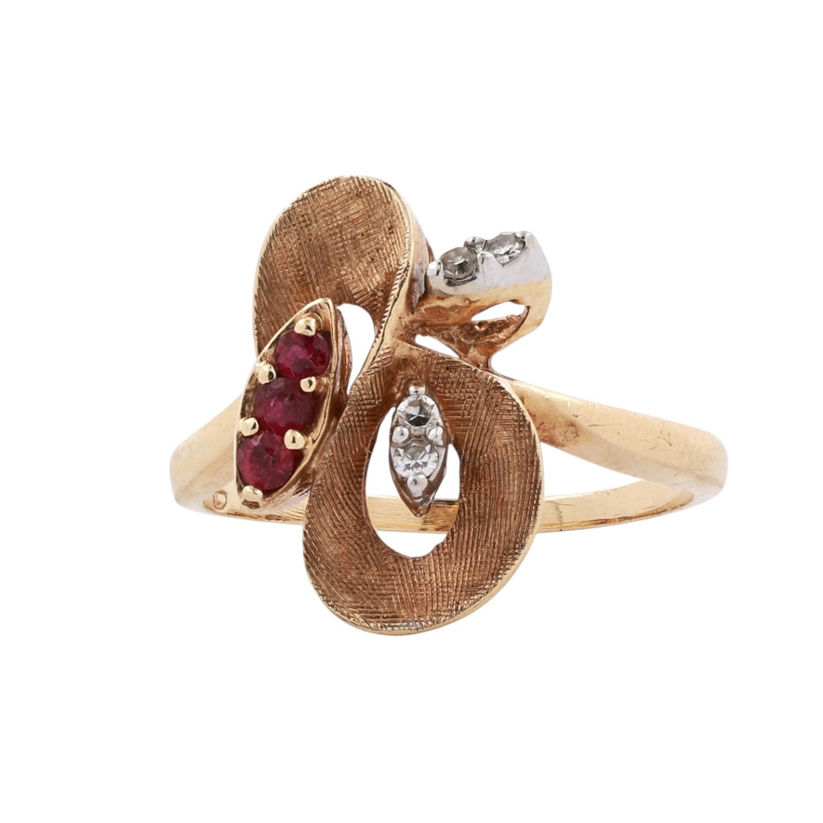 Vintage Ruby Diamond Abstract Swirl Ring Brushed Yellow Gold 0.20CTW Size 8