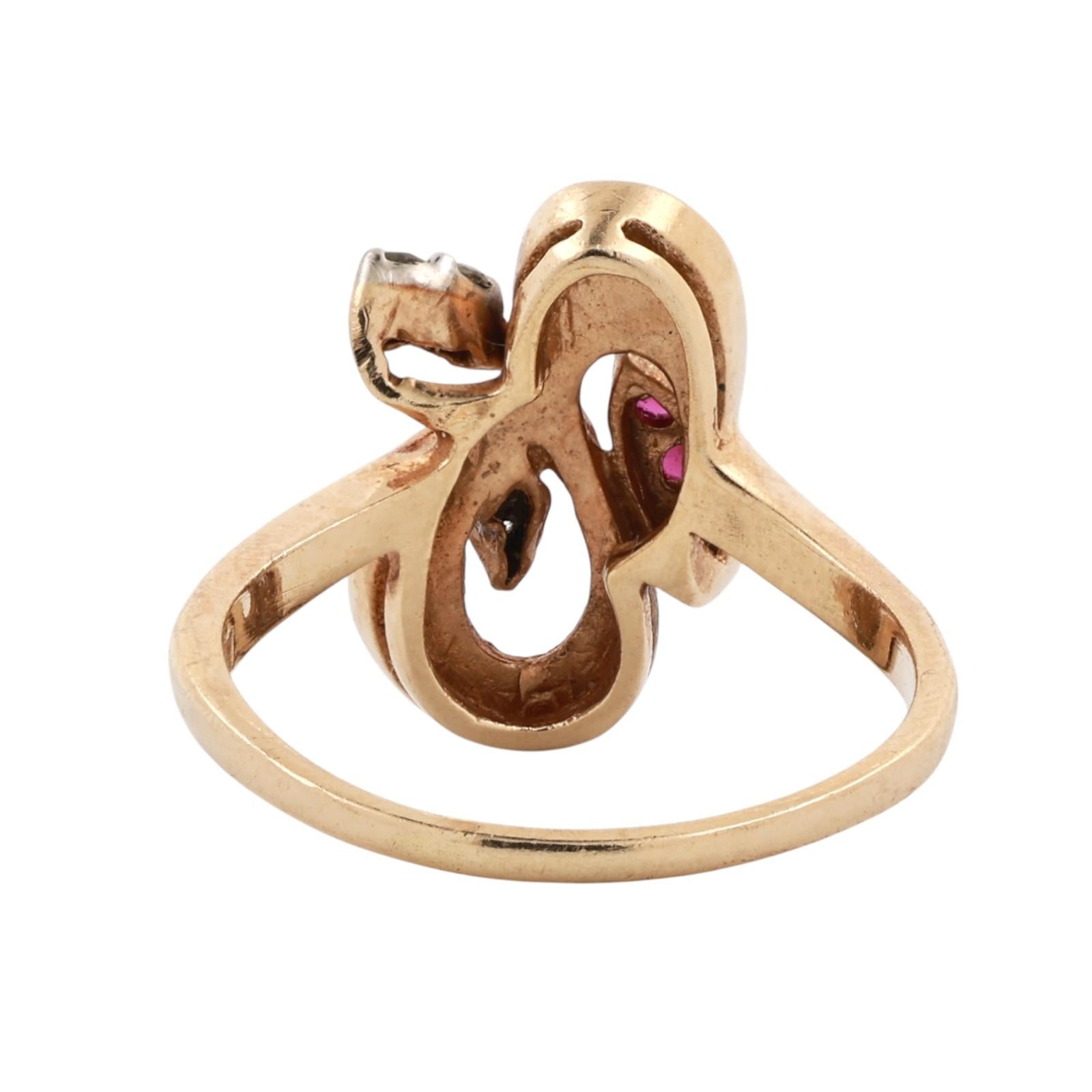 Vintage Ruby Diamond Abstract Swirl Ring Brushed Yellow Gold 0.20CTW Size 8