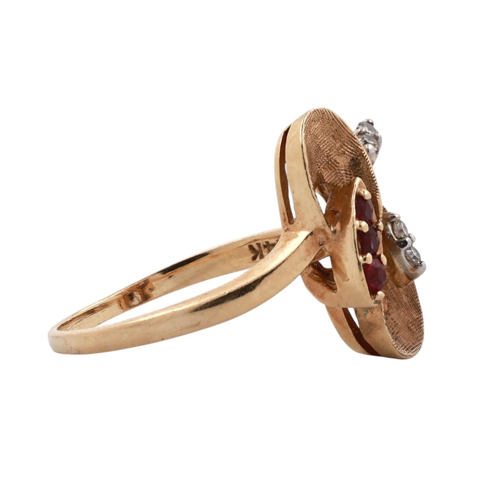 Vintage Ruby Diamond Abstract Swirl Ring Brushed Yellow Gold 0.20CTW Size 8