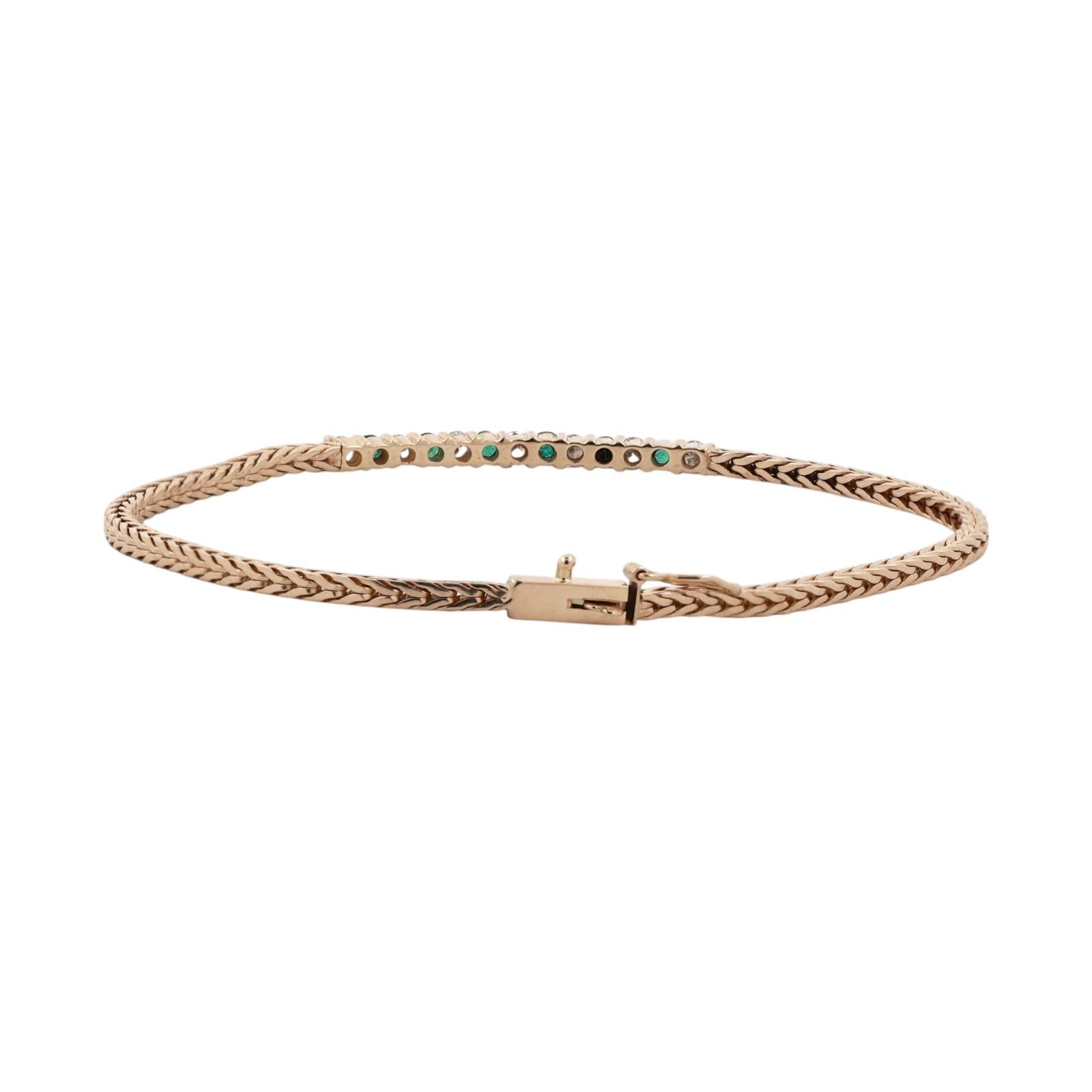 14K Yellow Gold Emerald Diamond Spiga Bracelet 0.75CTW Estate 7”