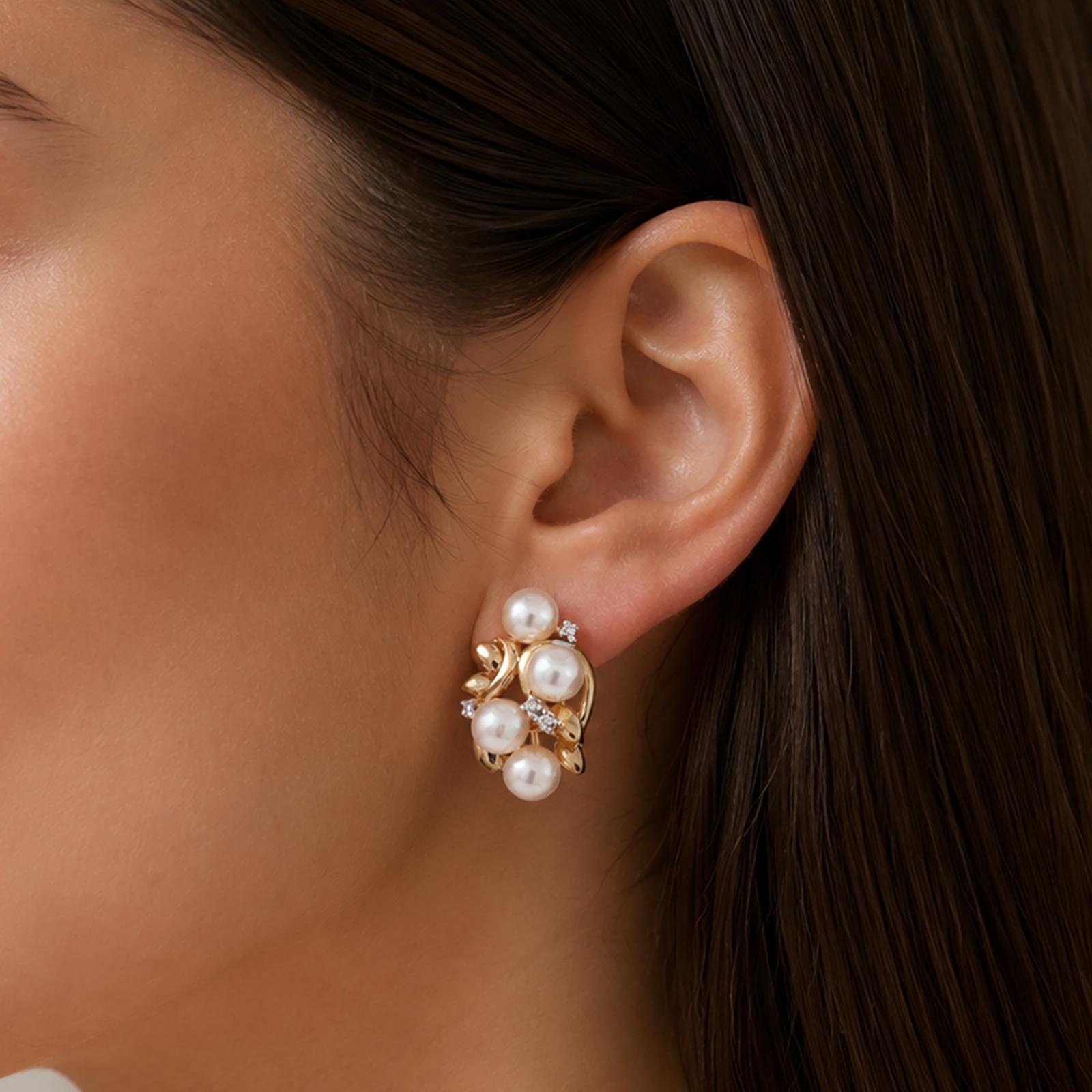 14K Yellow Gold Akoya Pearl Diamond Cluster Omega Back Earrings Estate