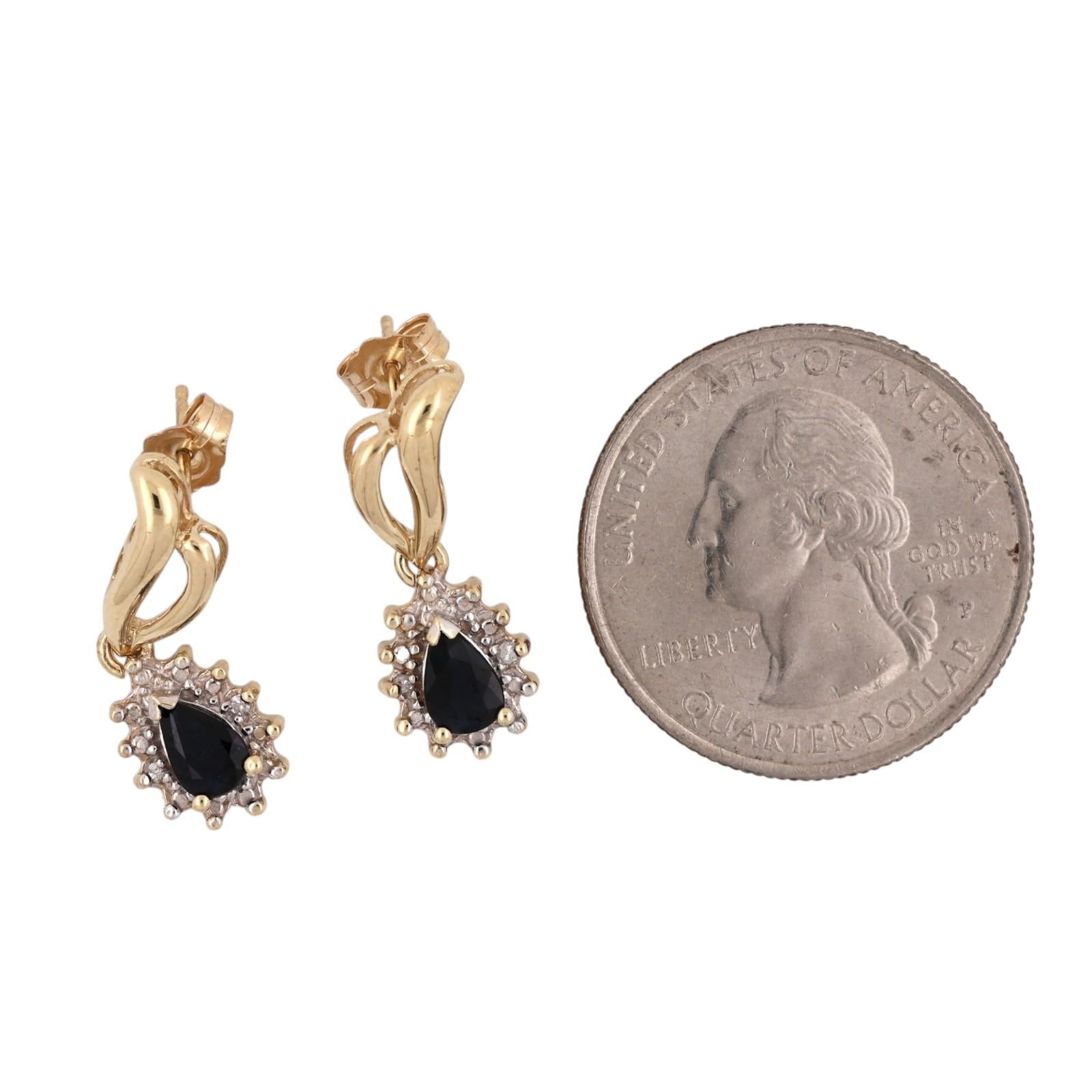 Pear Blue Sapphire Diamond Halo Drop Earrings 14K Two Tone Gold Estate 0.84CTW