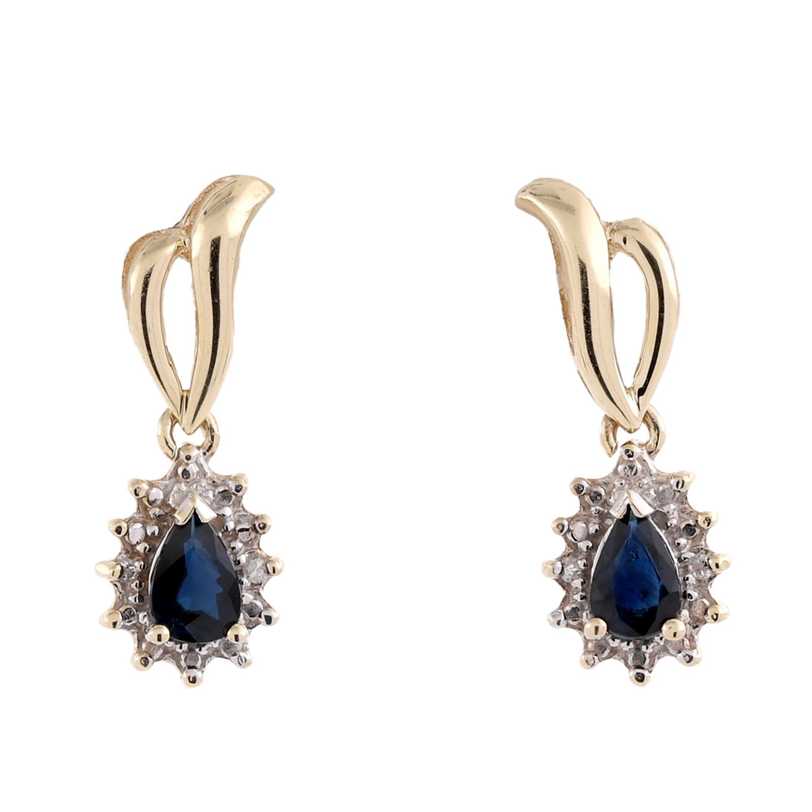 Pear Blue Sapphire Diamond Halo Drop Earrings 14K Two Tone Gold Estate 0.84CTW