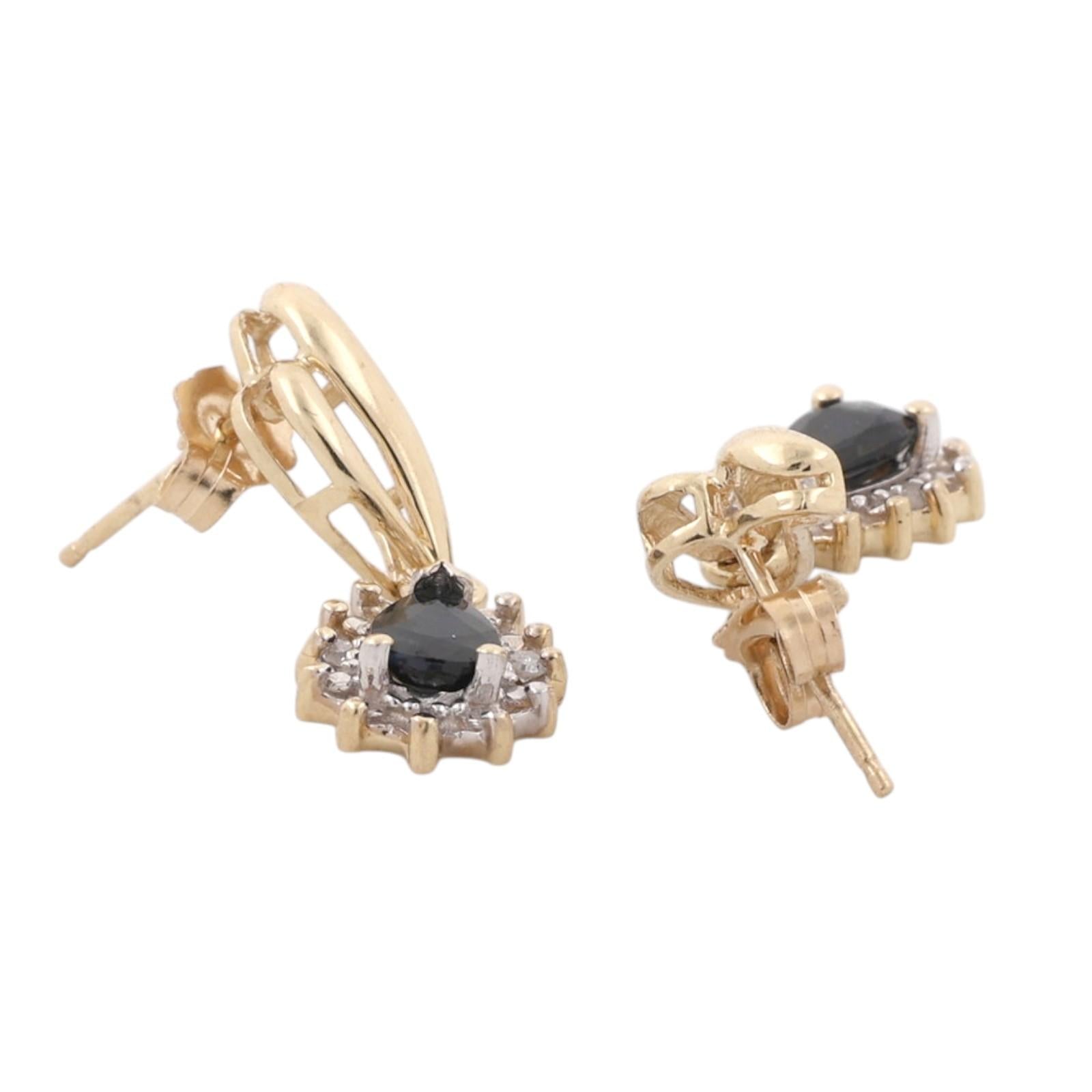 Pear Blue Sapphire Diamond Halo Drop Earrings 14K Two Tone Gold Estate 0.84CTW